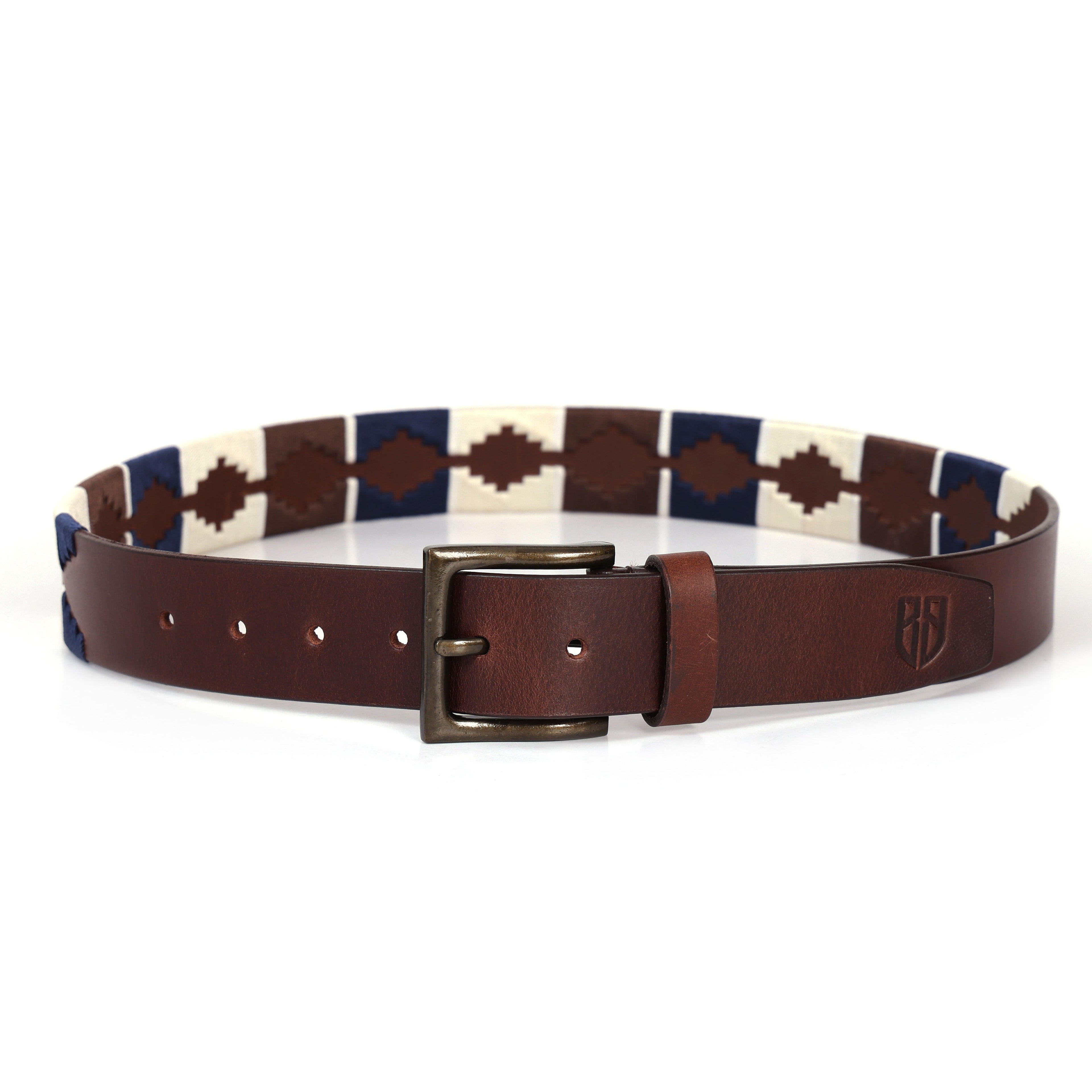 Brown Polo Leather Belt with Blue, Cream, and Brown Stitching & Antique Buckle