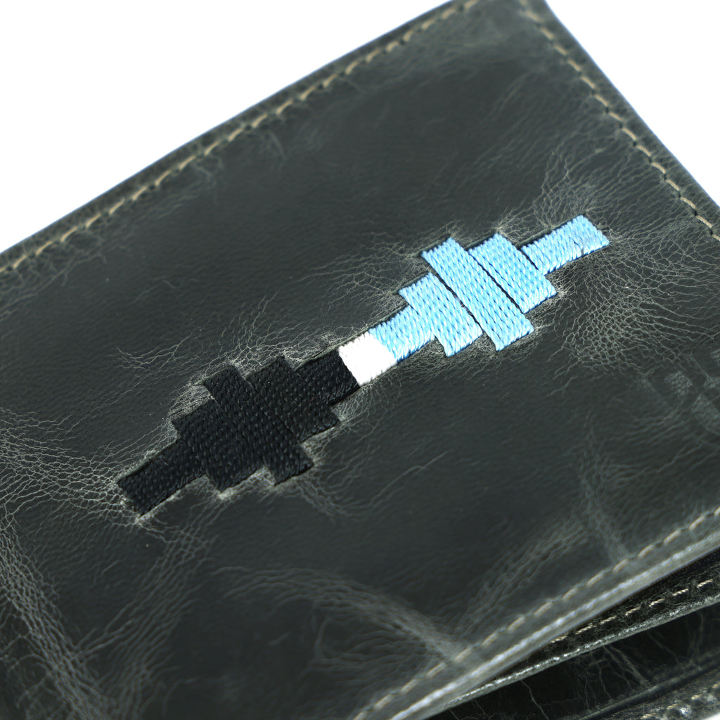 Handcrafted Gaucho Leather Wallet – Dark Olive Bifold with Blue & Black Patagonian Embroidery