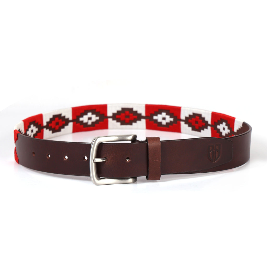 Brown Polo Leather Belt with Red and White Stitching & Silver Buckle