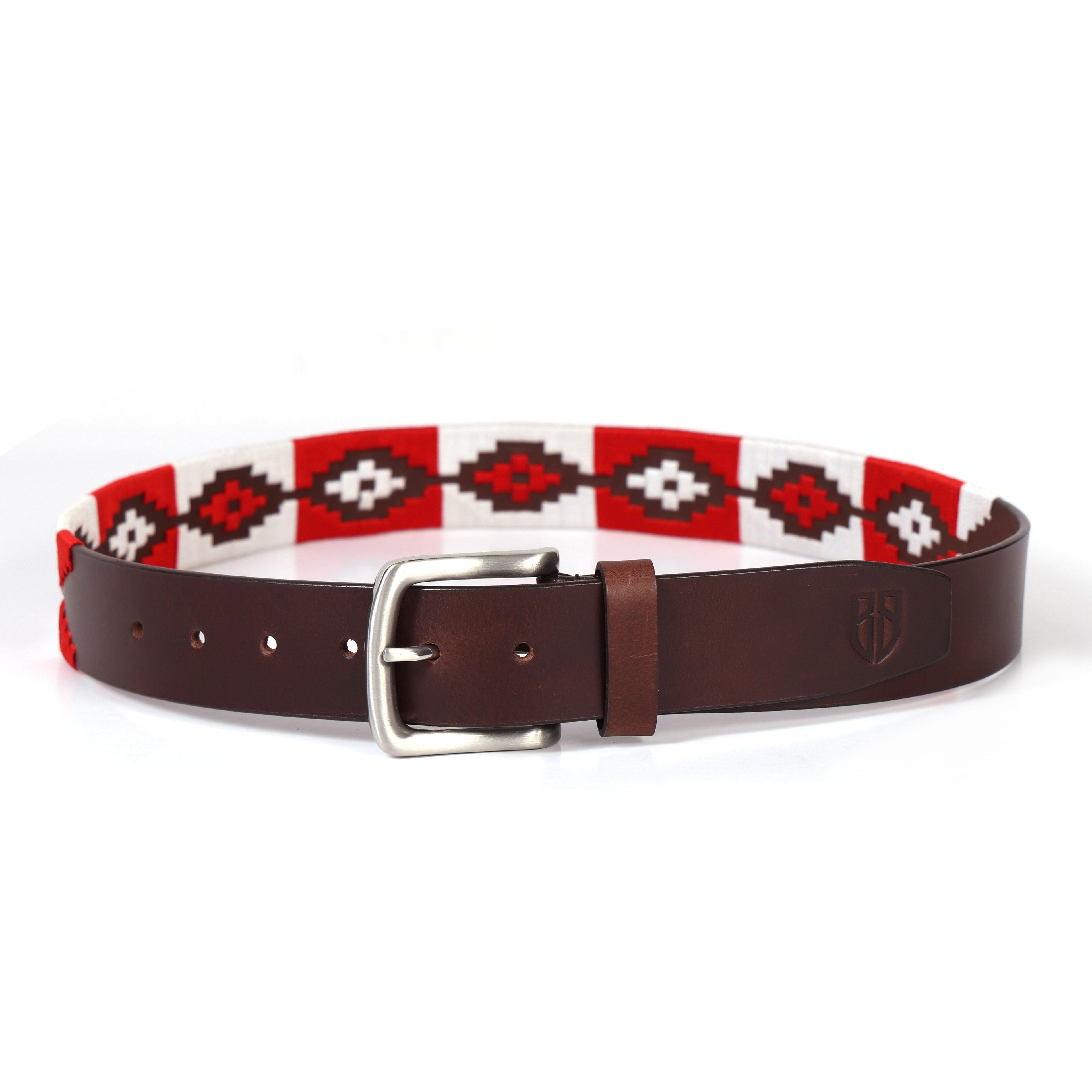 Brown Polo Leather Belt with Red and White Stitching & Silver Buckle