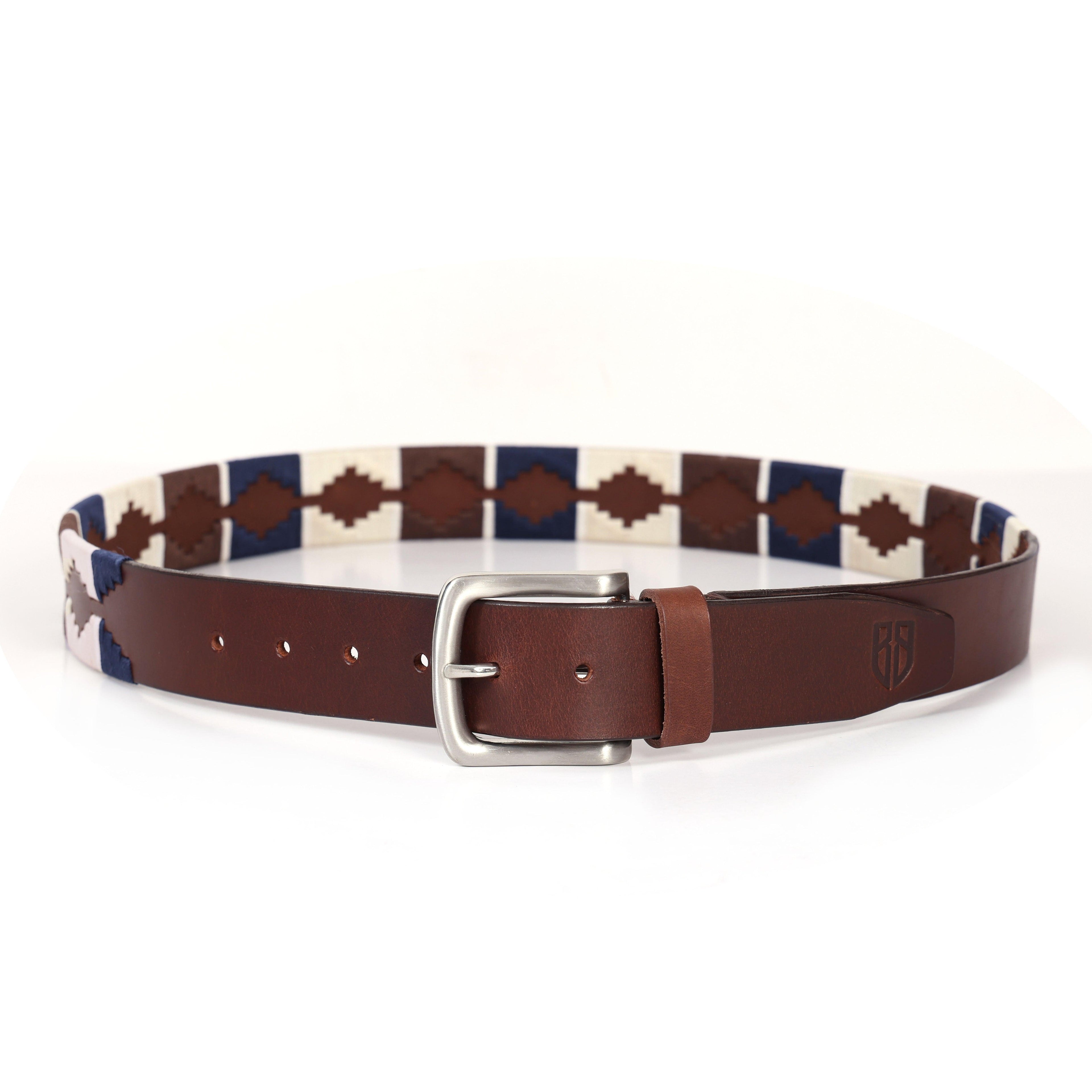 Brown Polo Leather Belt with Blue, Cream, and Brown Stitching & Silver Buckle