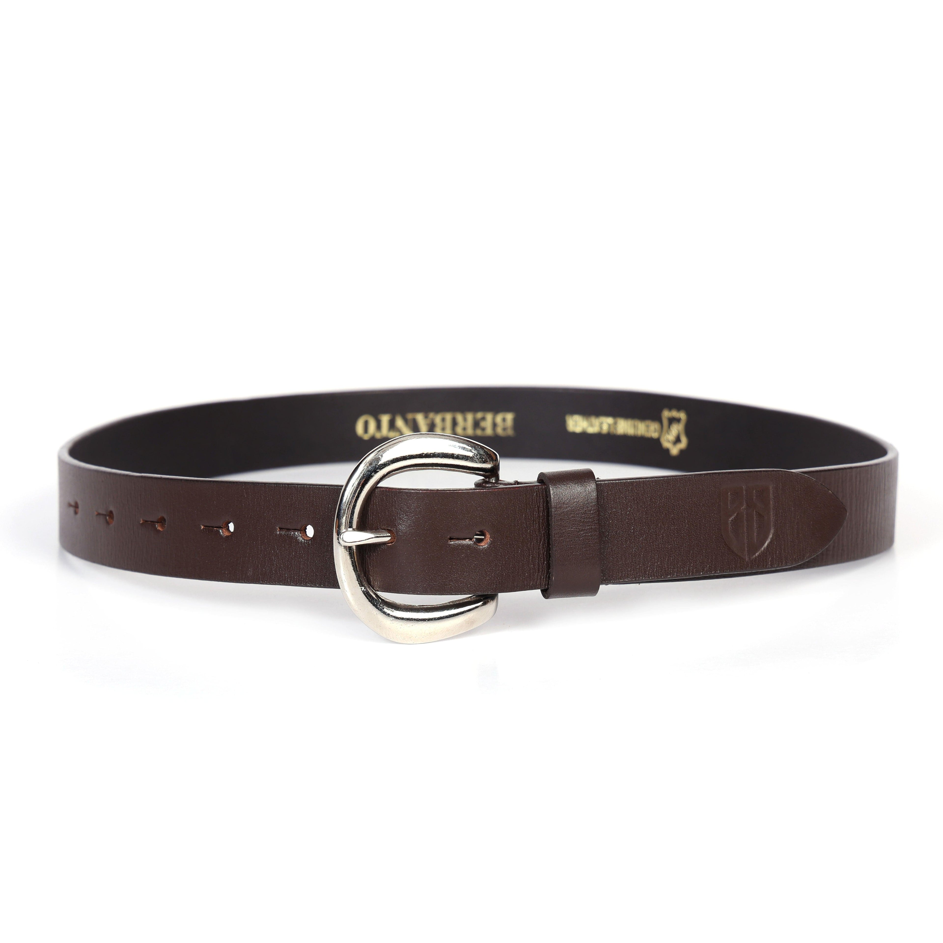 Brown Leather Belt for Women with Silver Round Buckle
