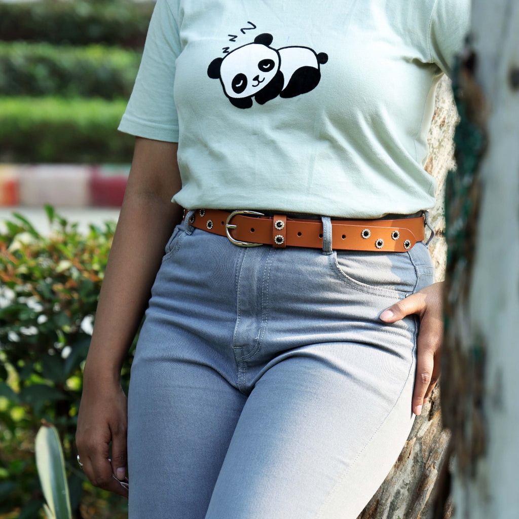 Tan Studded Leather Belt for Women – Vintage Western-Style Grommet Belt with Silver Buckle