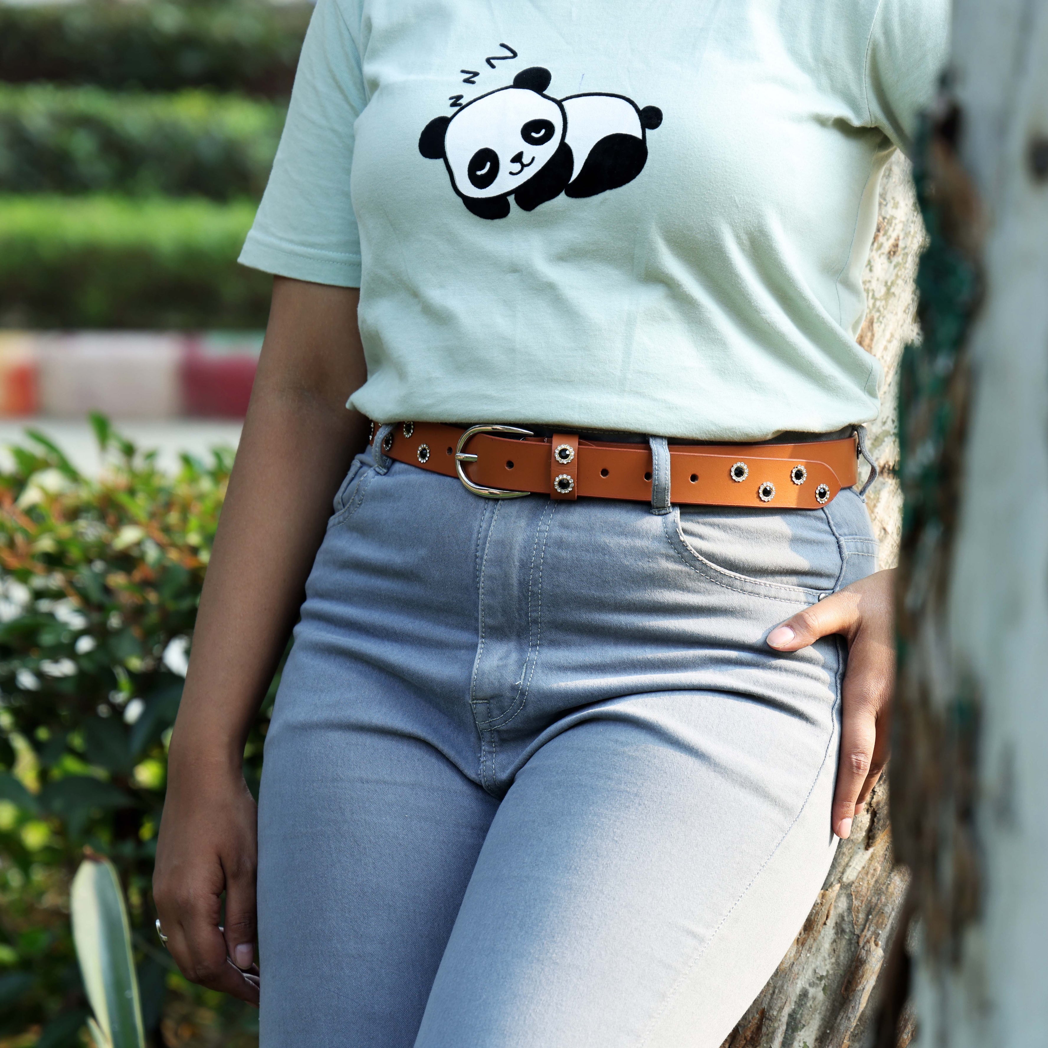 Tan Studded Leather Belt for Women – Vintage Western-Style Grommet Belt with Silver Buckle