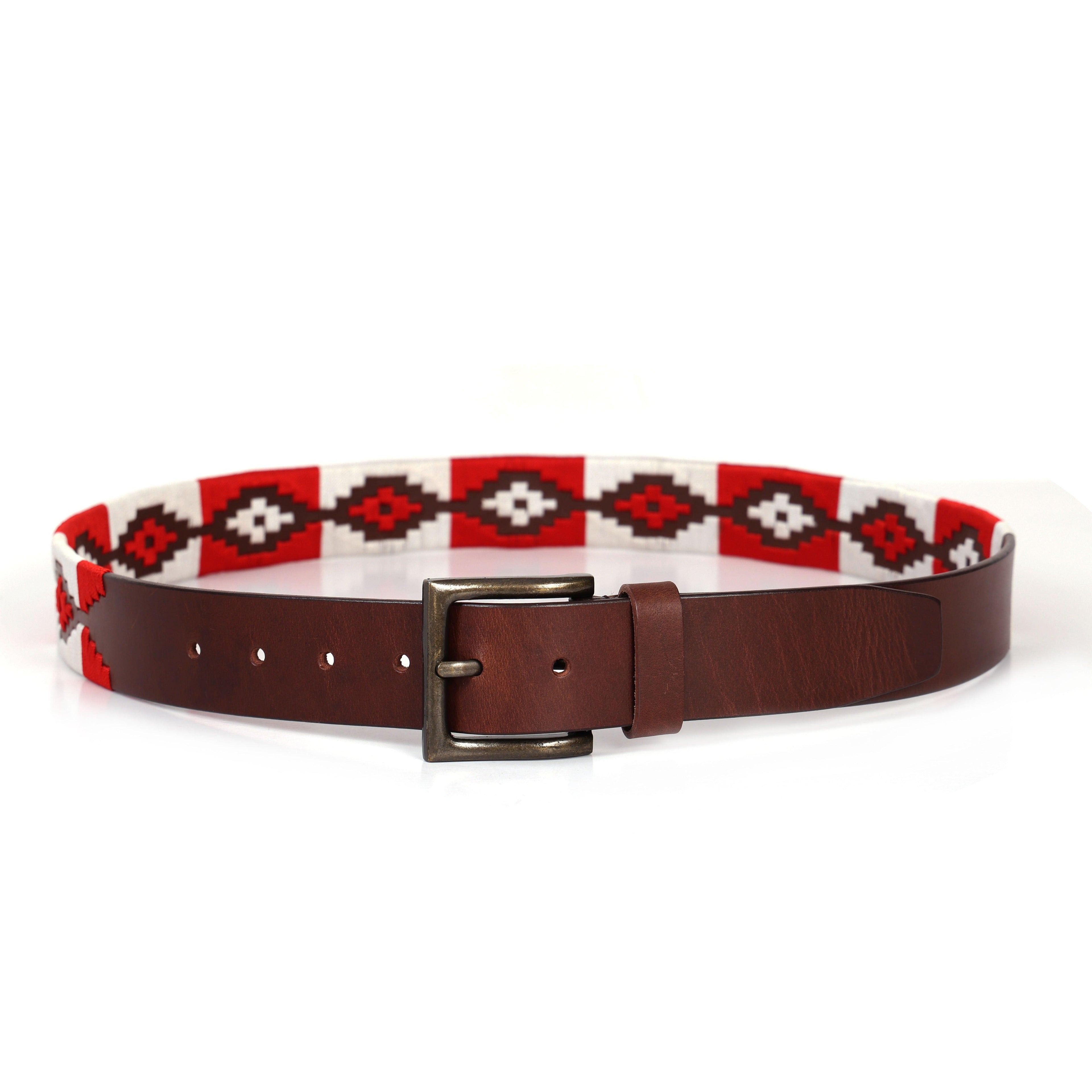 Brown Polo Leather Belt with Red and White Stitching & Antique Buckle