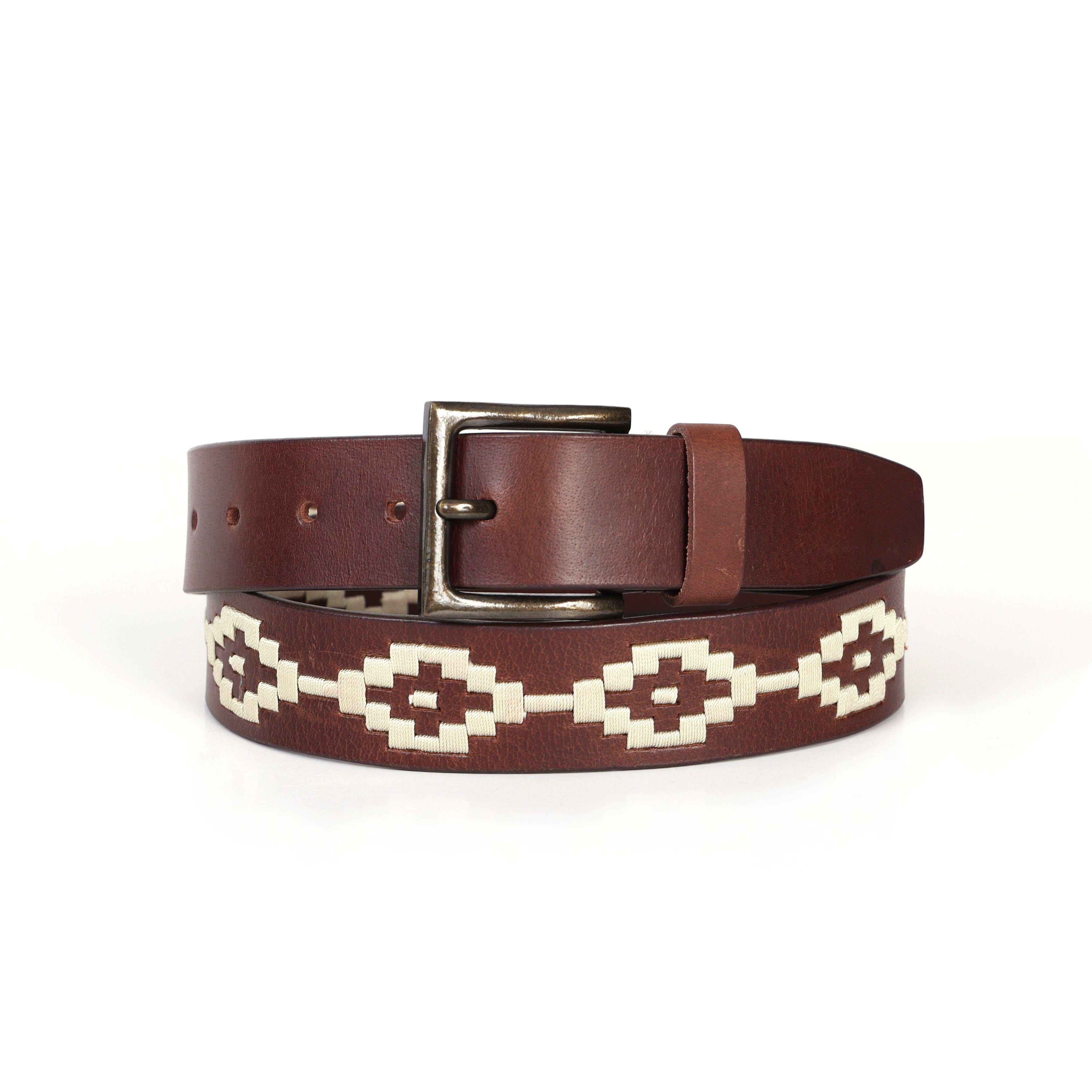 Brown Polo Leather Belt with Cream Stitching & Classic Antique Buckle