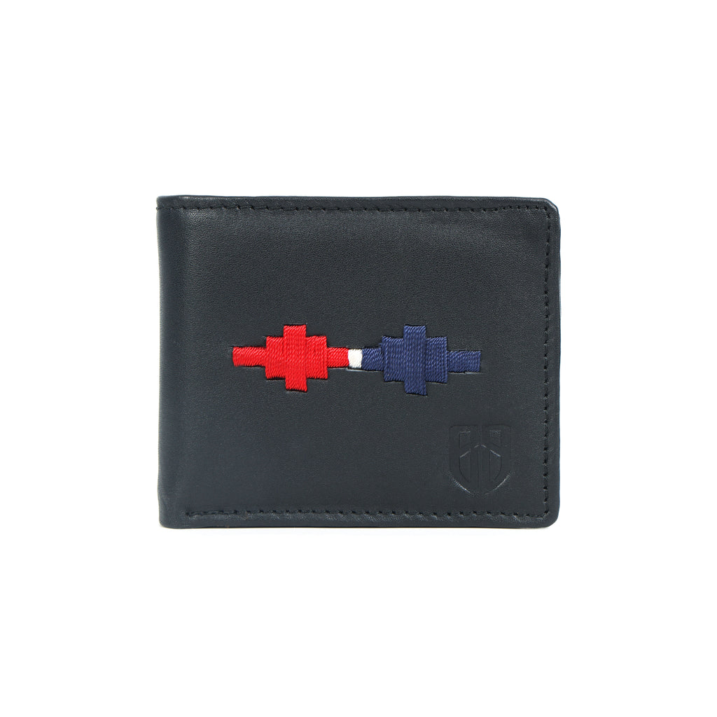 Handmade Leather Gaucho (Polo) Wallet – Matt-Black Bifold with Red & Blue Argentine Embroidery