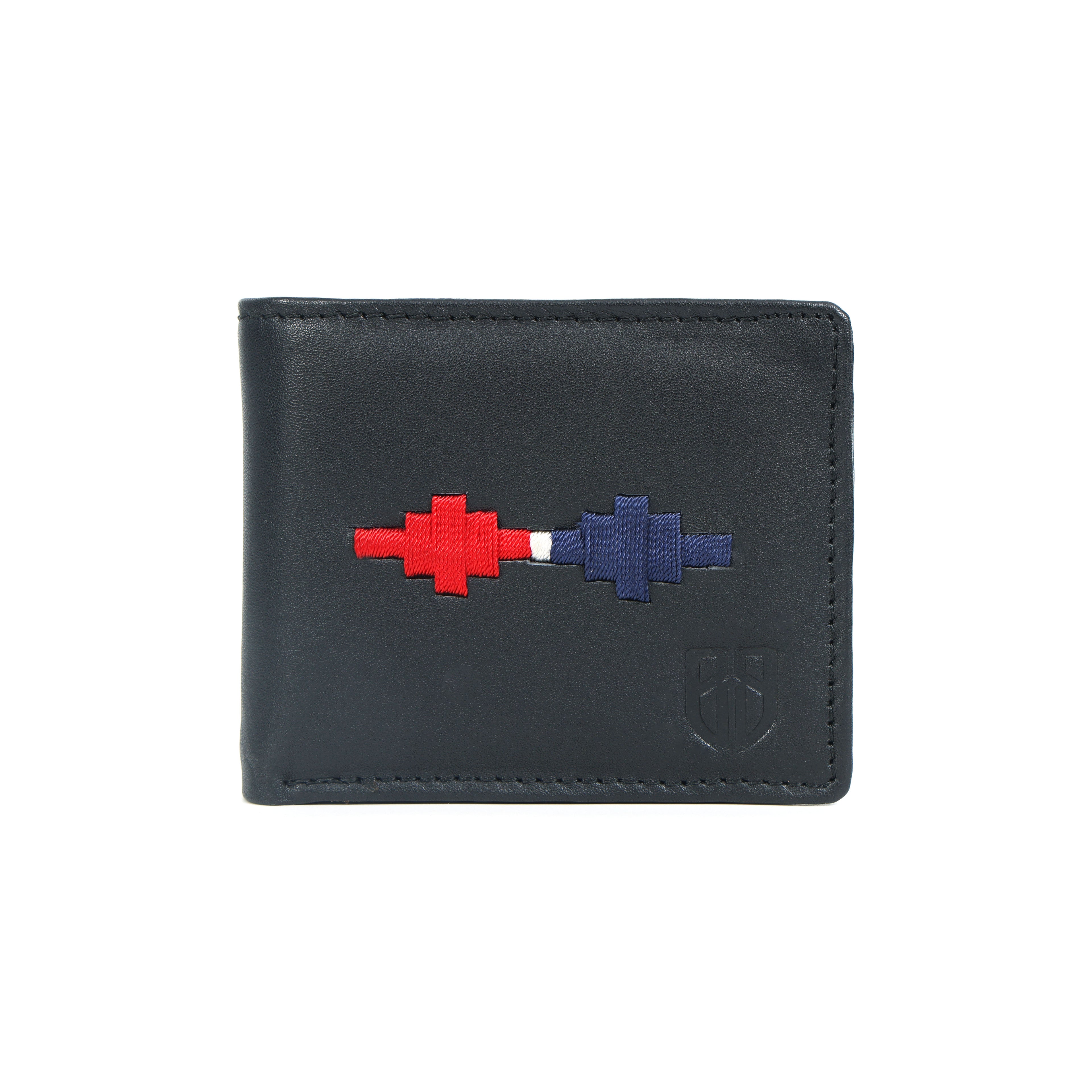 Handmade Leather Gaucho (Polo) Wallet – Matt-Black Bifold with Red & Blue Argentine Embroidery