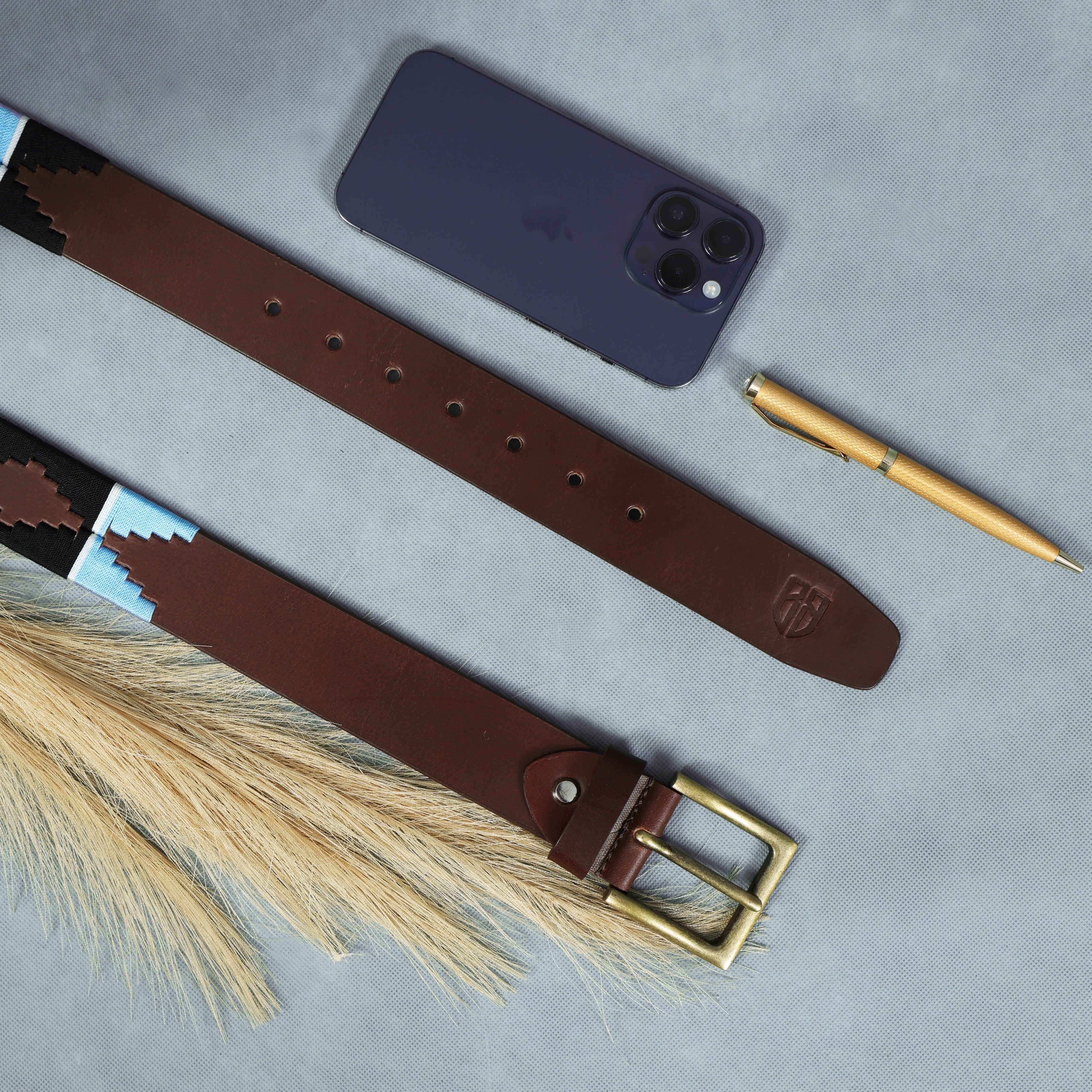 Brown Polo Leather Belt with Blue and Black Stitching & Golden Buckle