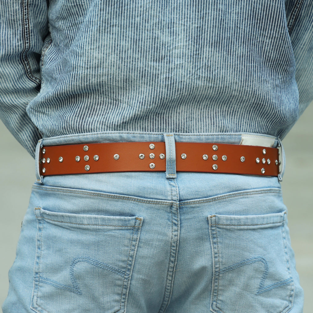 Mens’s Tan Leather Studded Belt – Crystal Rhinestones & Silver Buckle