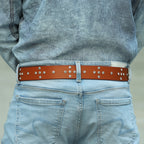Mens’s Tan Leather Studded Belt – Crystal Rhinestones & Silver Buckle