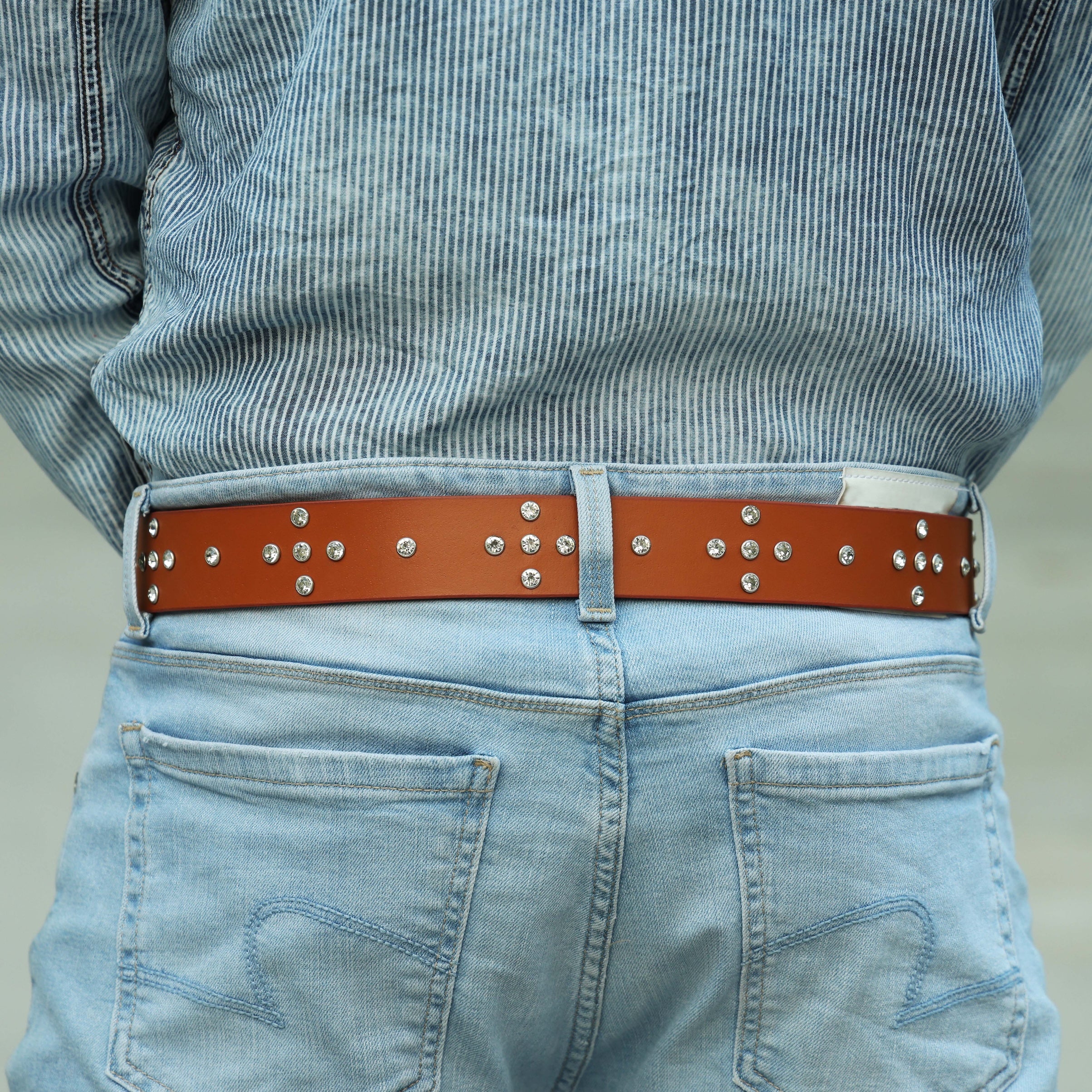 Mens’s Tan Leather Studded Belt – Crystal Rhinestones & Silver Buckle