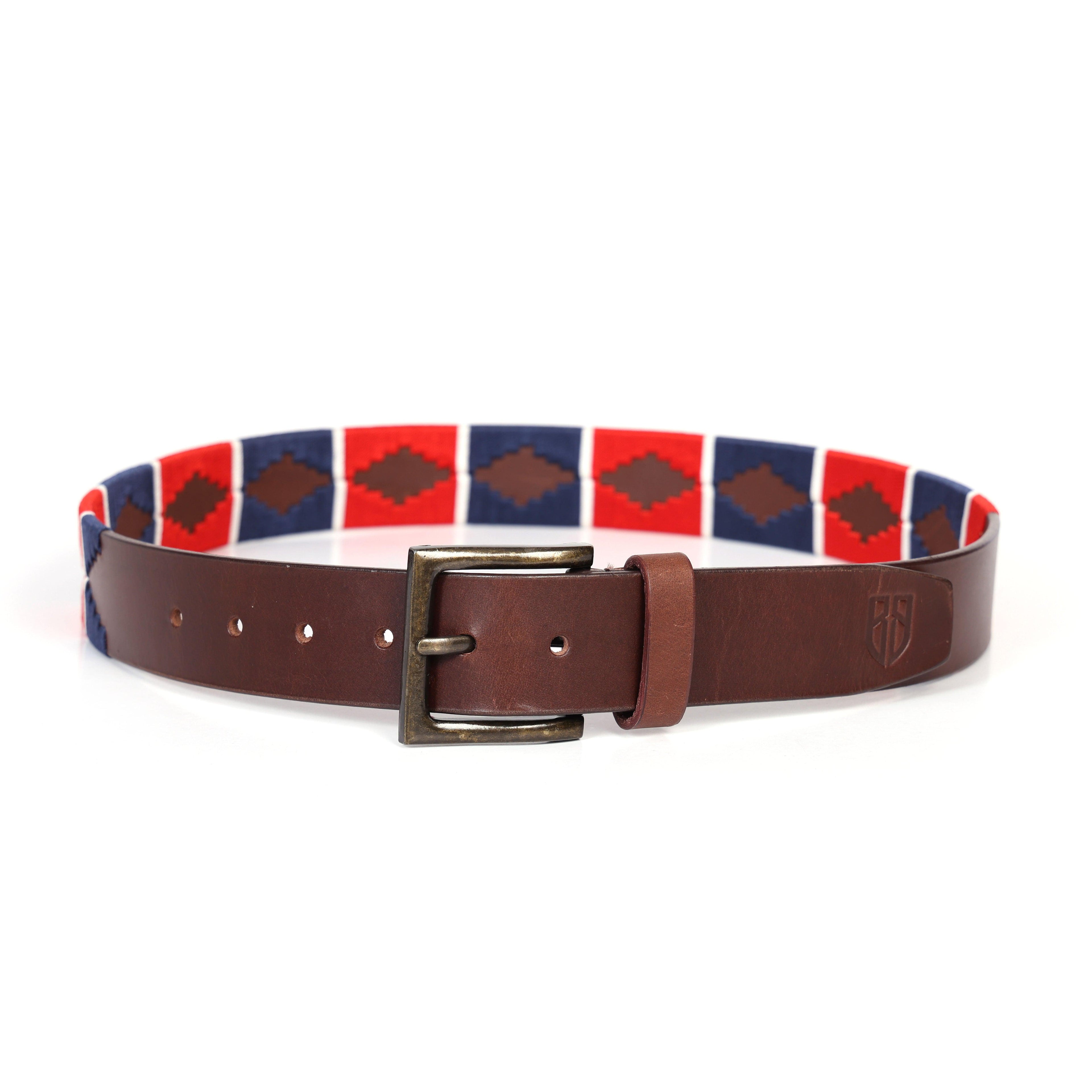 Brown Polo Leather Belt with Red and Blue Stitching and Antique Buckle