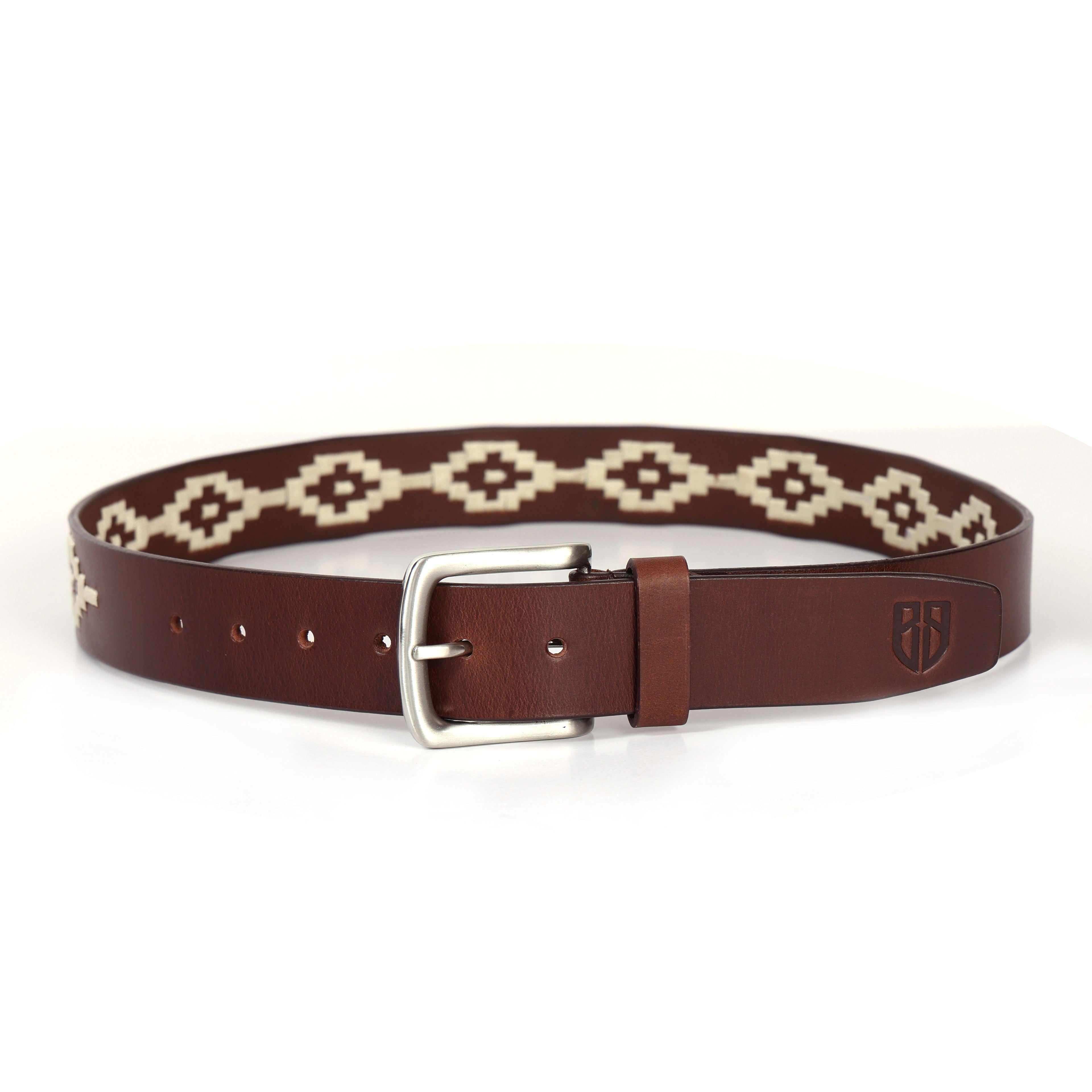 Brown Polo Leather Belt with Cream Stitching & Classic Silver Buckle