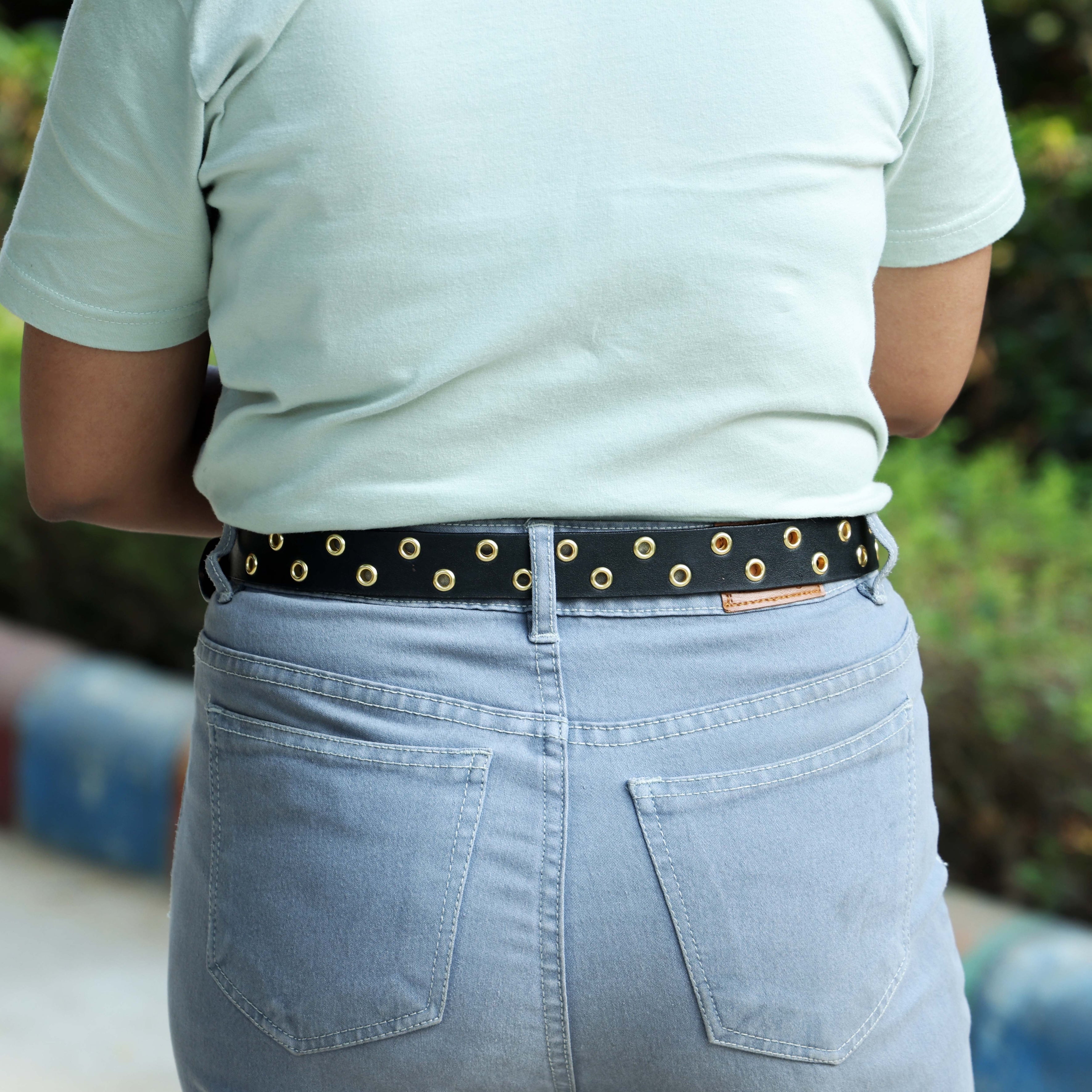 Women’s Black Leather Grommet Belt – Gold Eyelets & Chic Round Golden Buckle