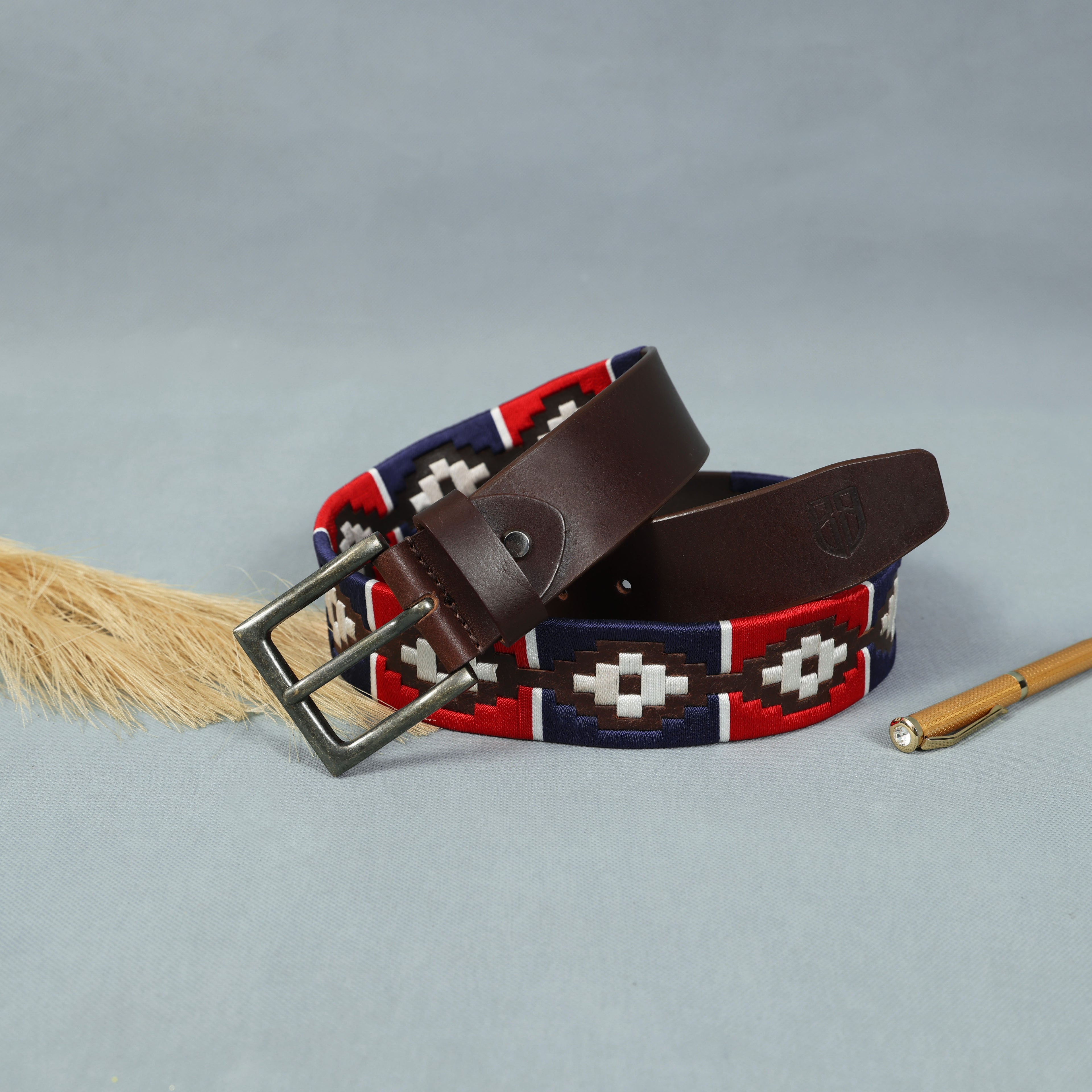 Hand-Embroidered Polo Belt – Premium Full-Grain Leather with Navy, Red, and White embroidered