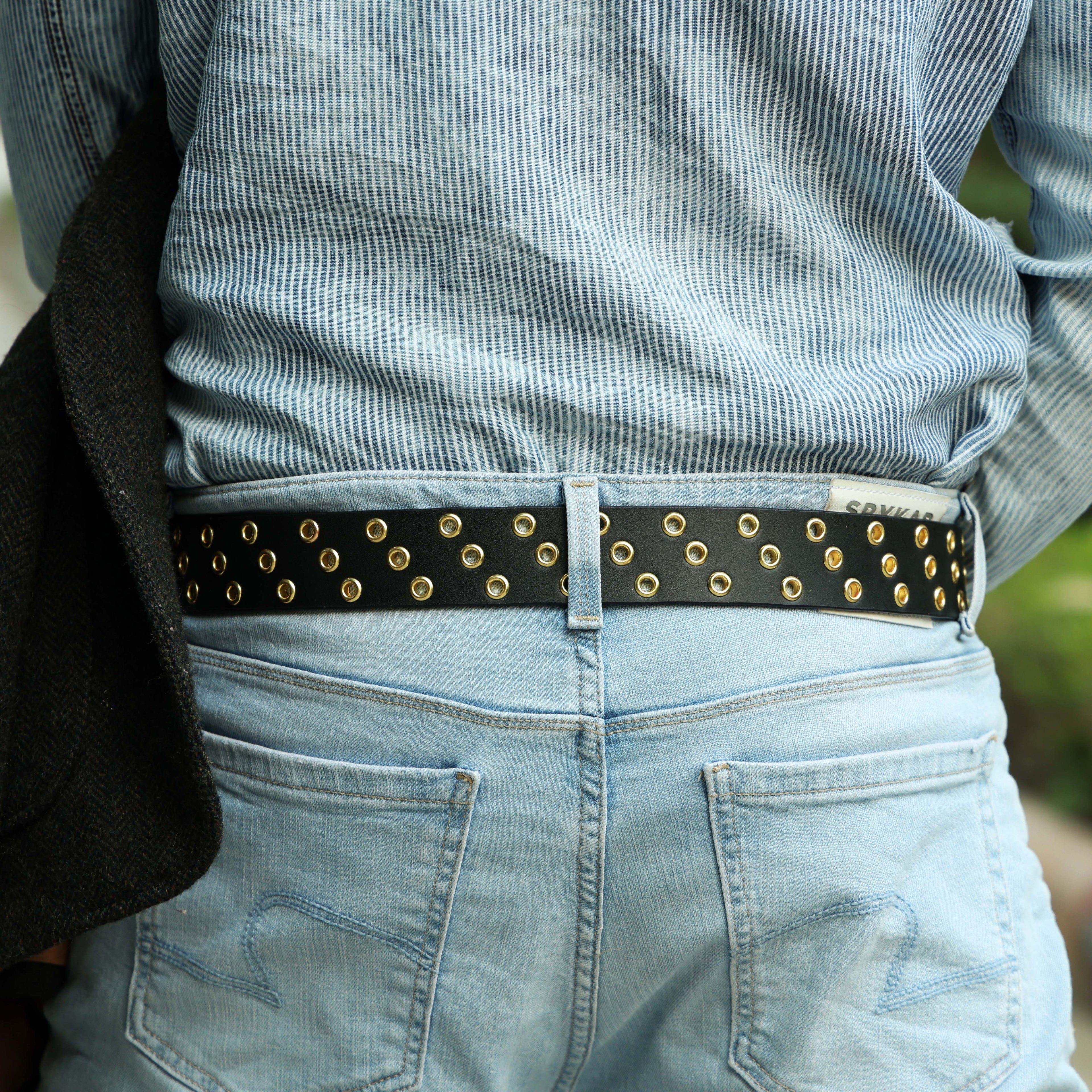 Men’s Black Leather Grommet Belt – Double Row Gold Eyelets with Vintage Brass Buckle