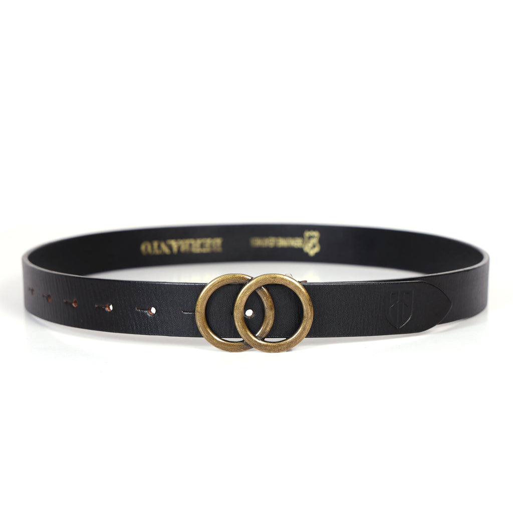 Black Leather Belt for Women with Round Antique Buckle