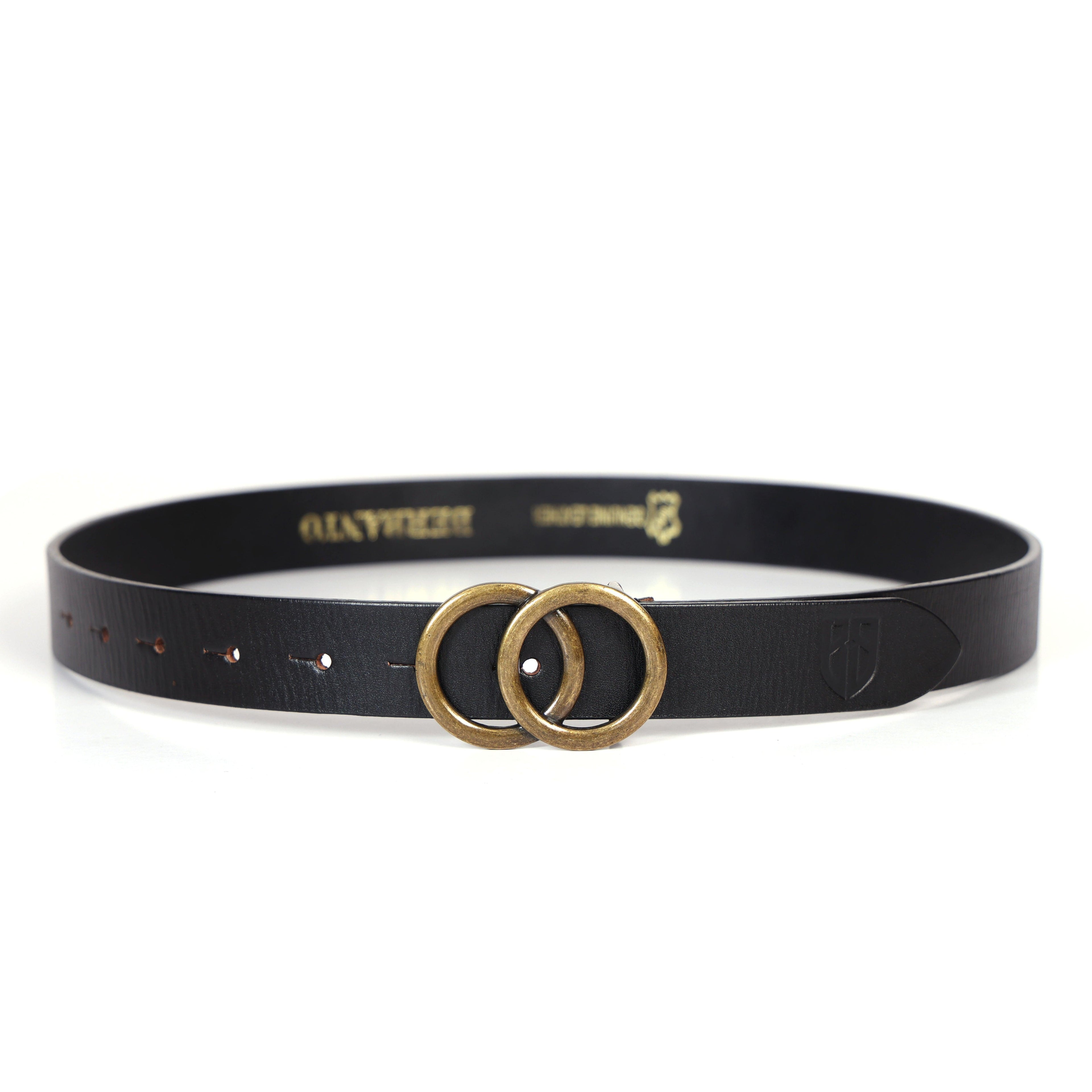 Black Leather Belt for Women with Round Antique Buckle