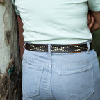 Women's Brown Studded Leather Belt – Vintage Brass Buckle, Boho Chic & Western Style