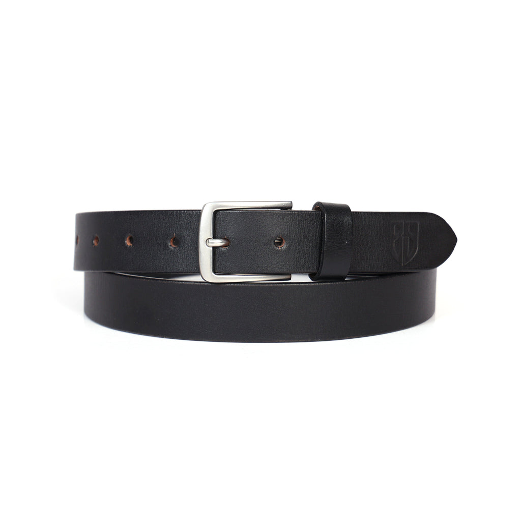 Black Leather Belt for Women with Matte Silver Buckle