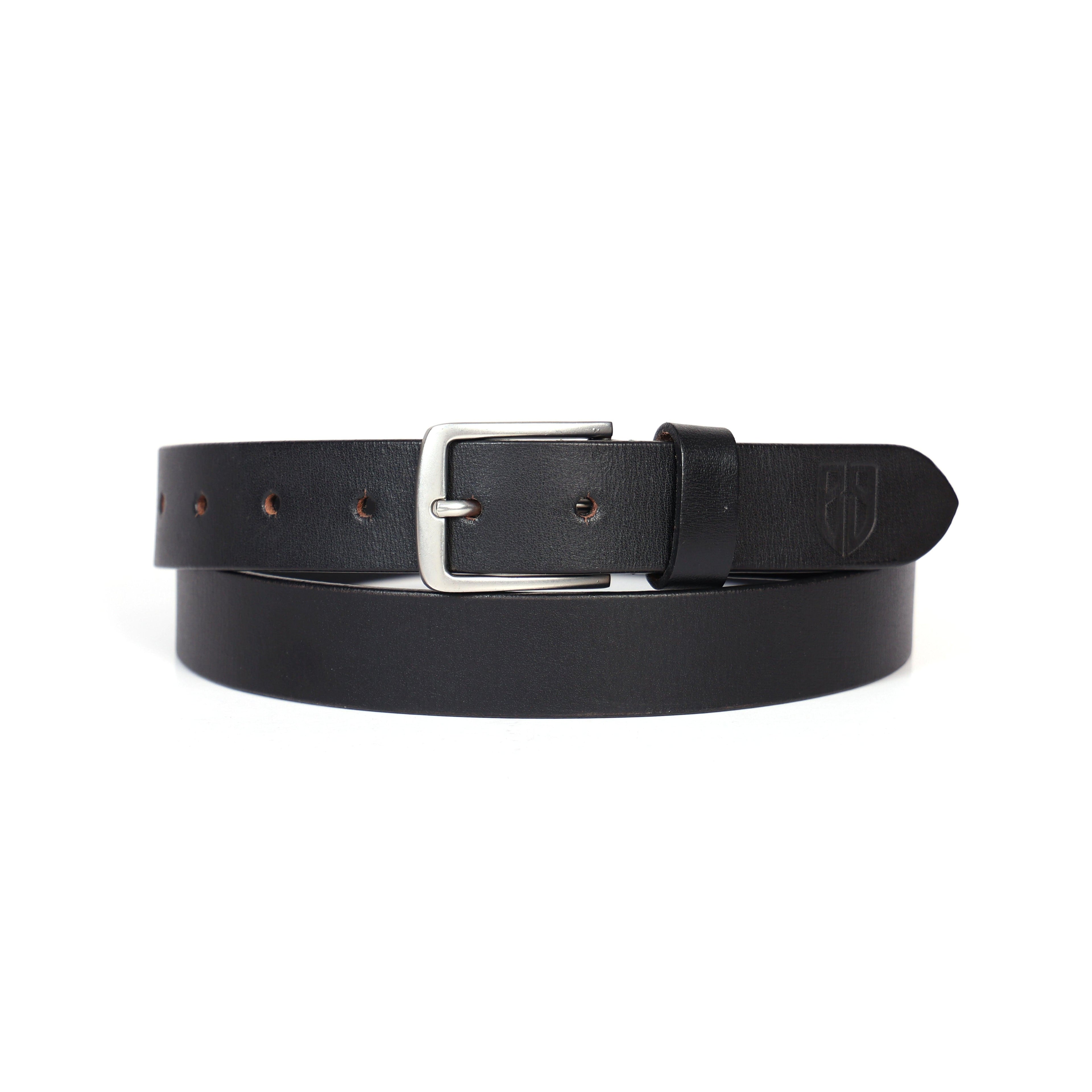 Black Leather Belt for Women with Matte Silver Buckle