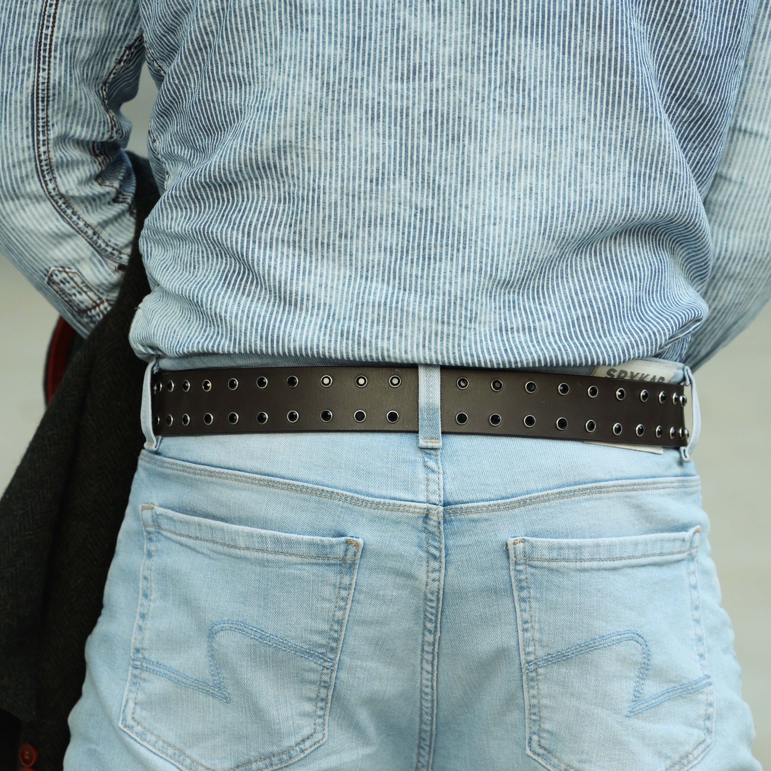 Men’s Brown Leather Double Grommet Belt – Heavy-Duty Punk Rock Belt with Black Eyelets & Antique Black Buckle