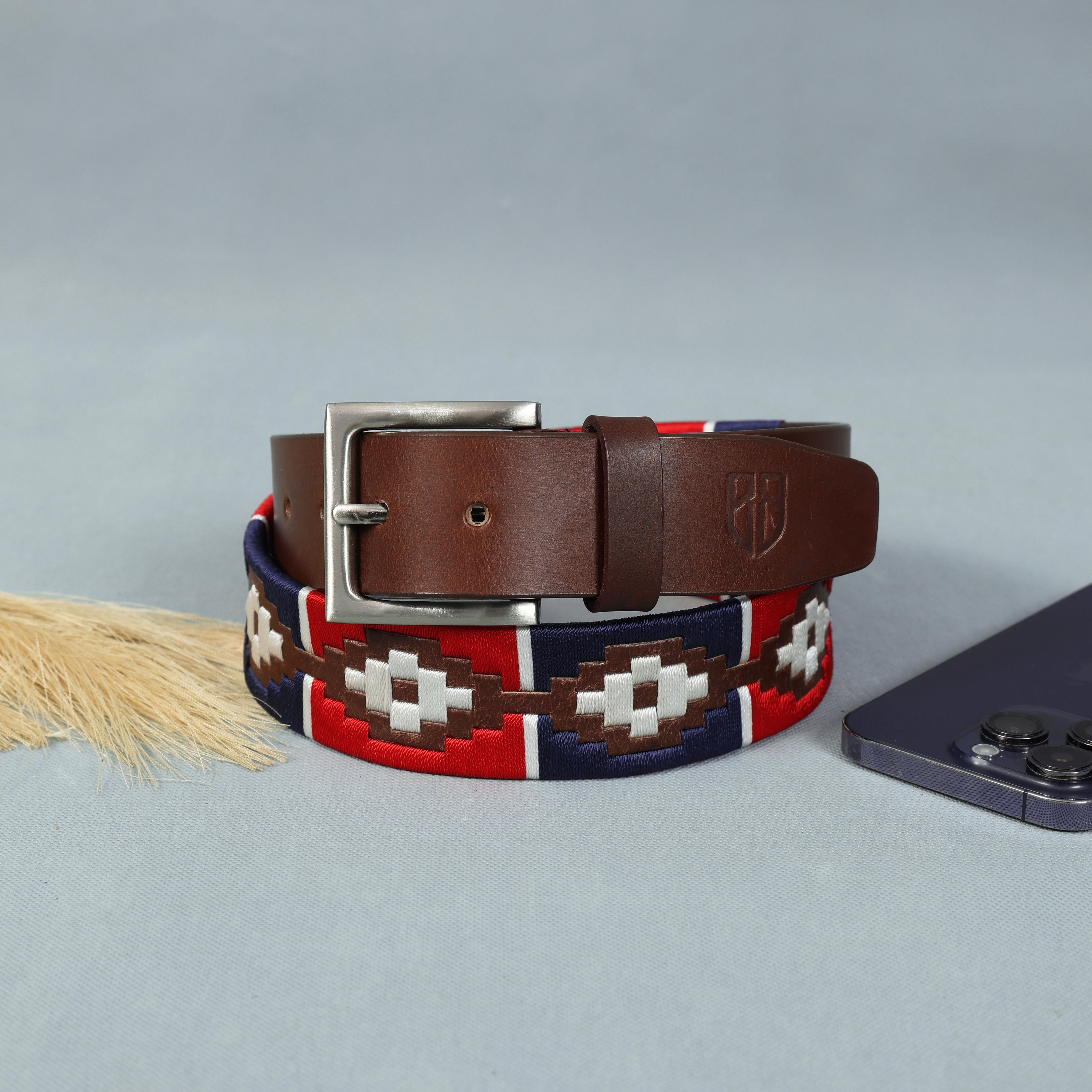 Hand-Embroidered Polo Belt – Premium Full-Grain Leather with Navy, Red, and White embroidered