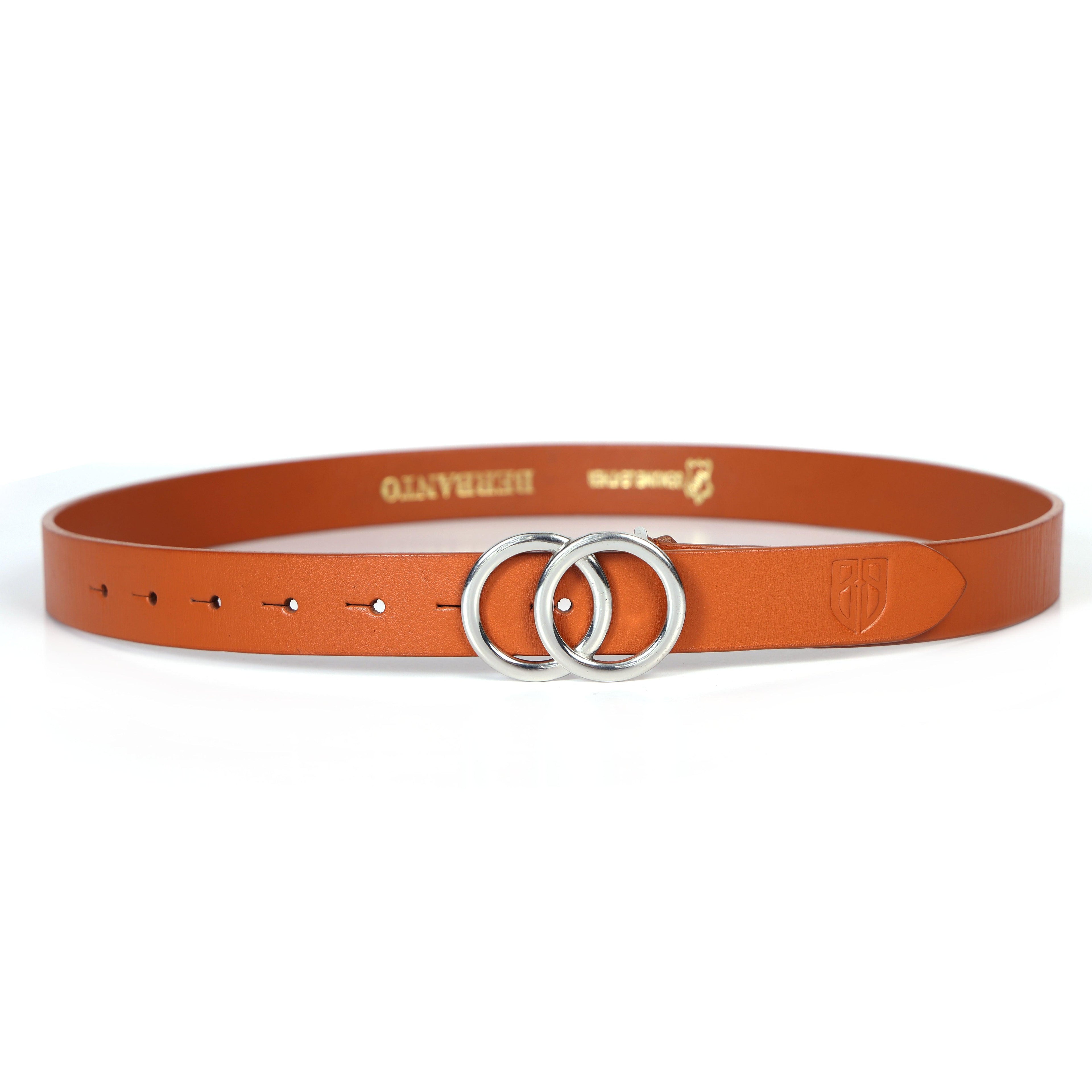 Tan Leather Belt for Women with Double Ring Silver Buckle