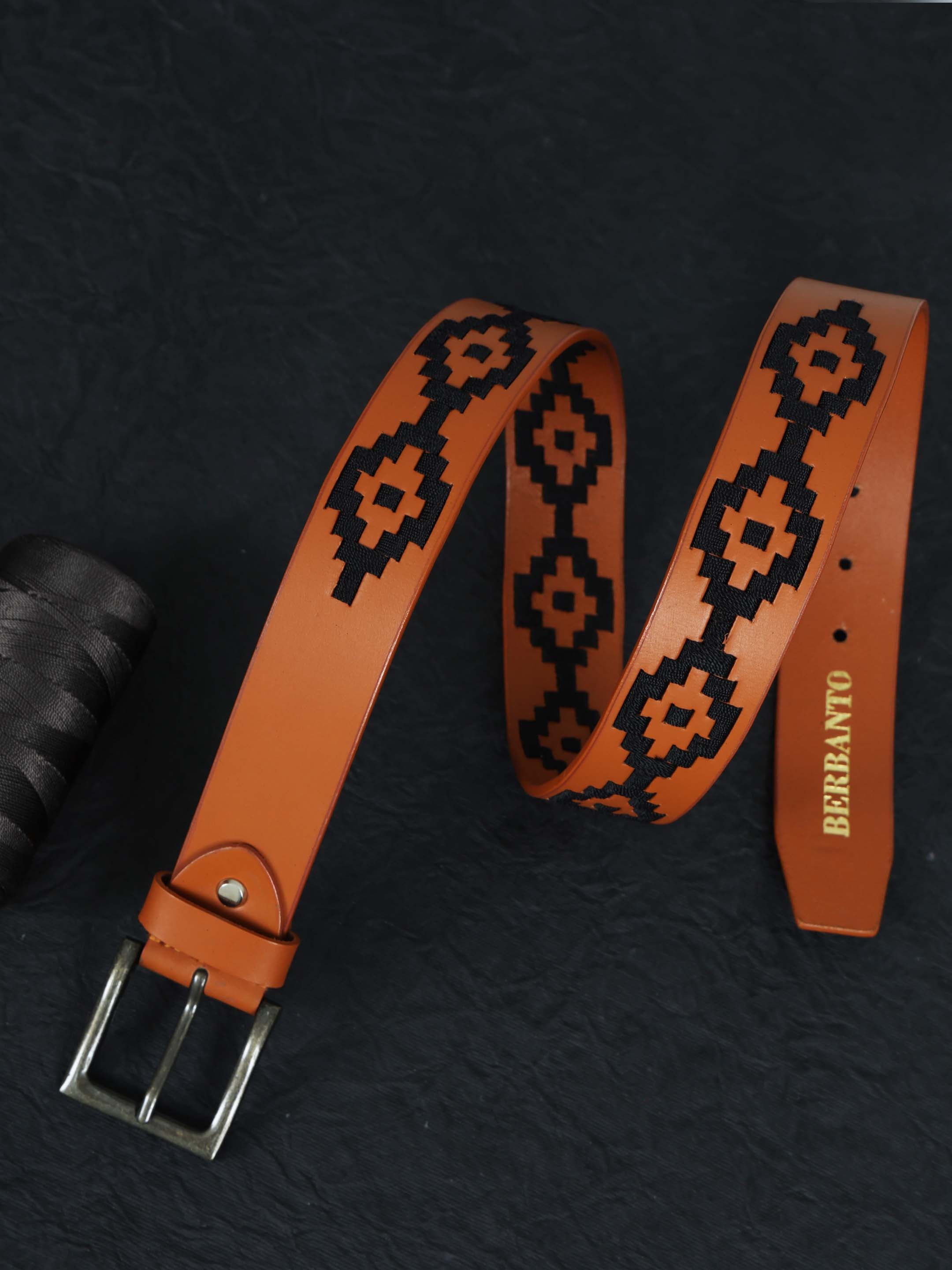 Berbanto Black Polo Belt – Hand-Embroidered on Premium Full-Grain Tan Leather