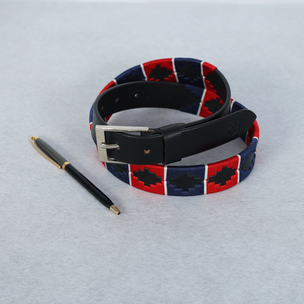 Kids Black Leather Polo Belt – Handcrafted with Red,Navy Blue with White border Embroidery | For Boys & Girls
