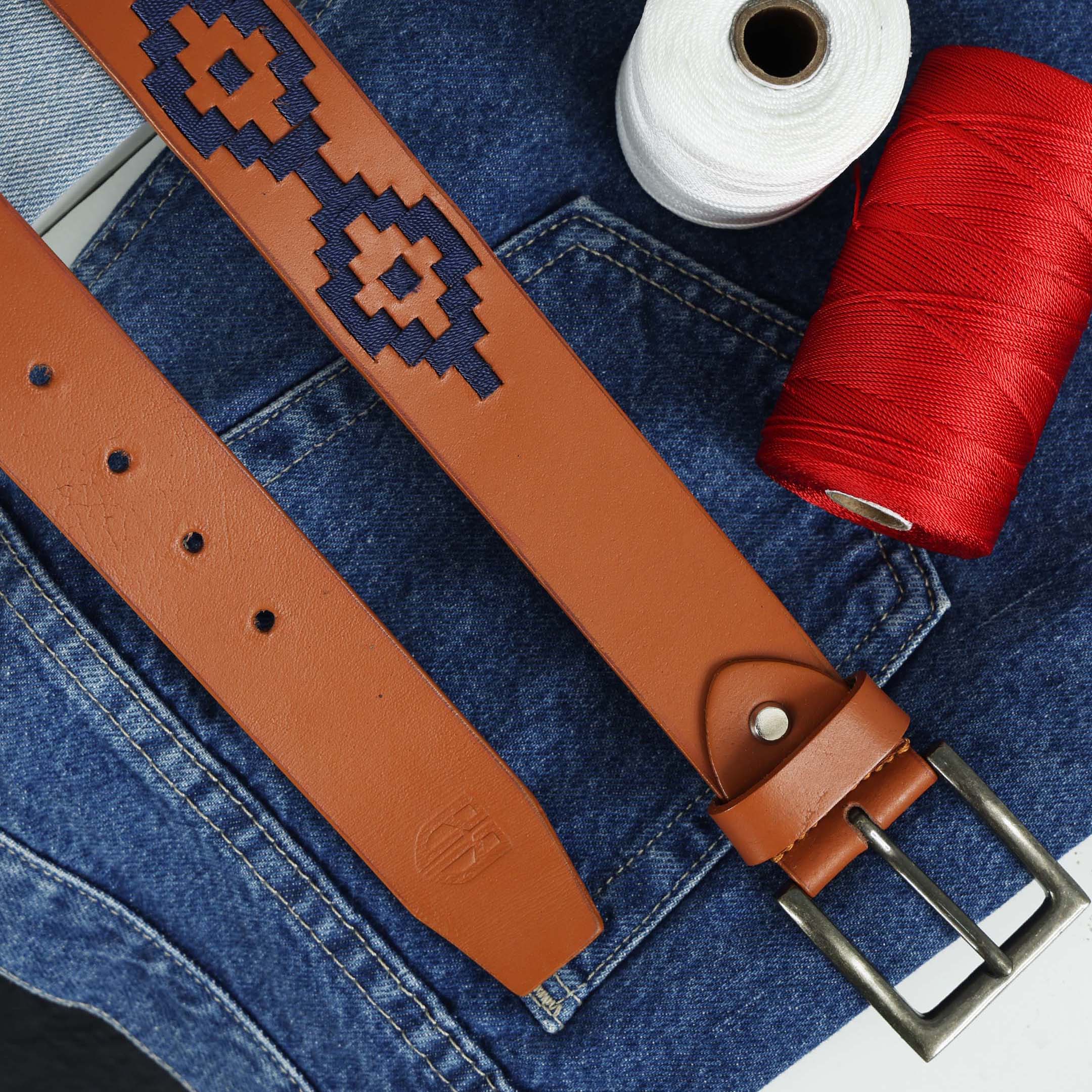 Berbanto Navy Blue Polo Belt – Hand-Embroidered on Premium Full-Grain Tan Leather