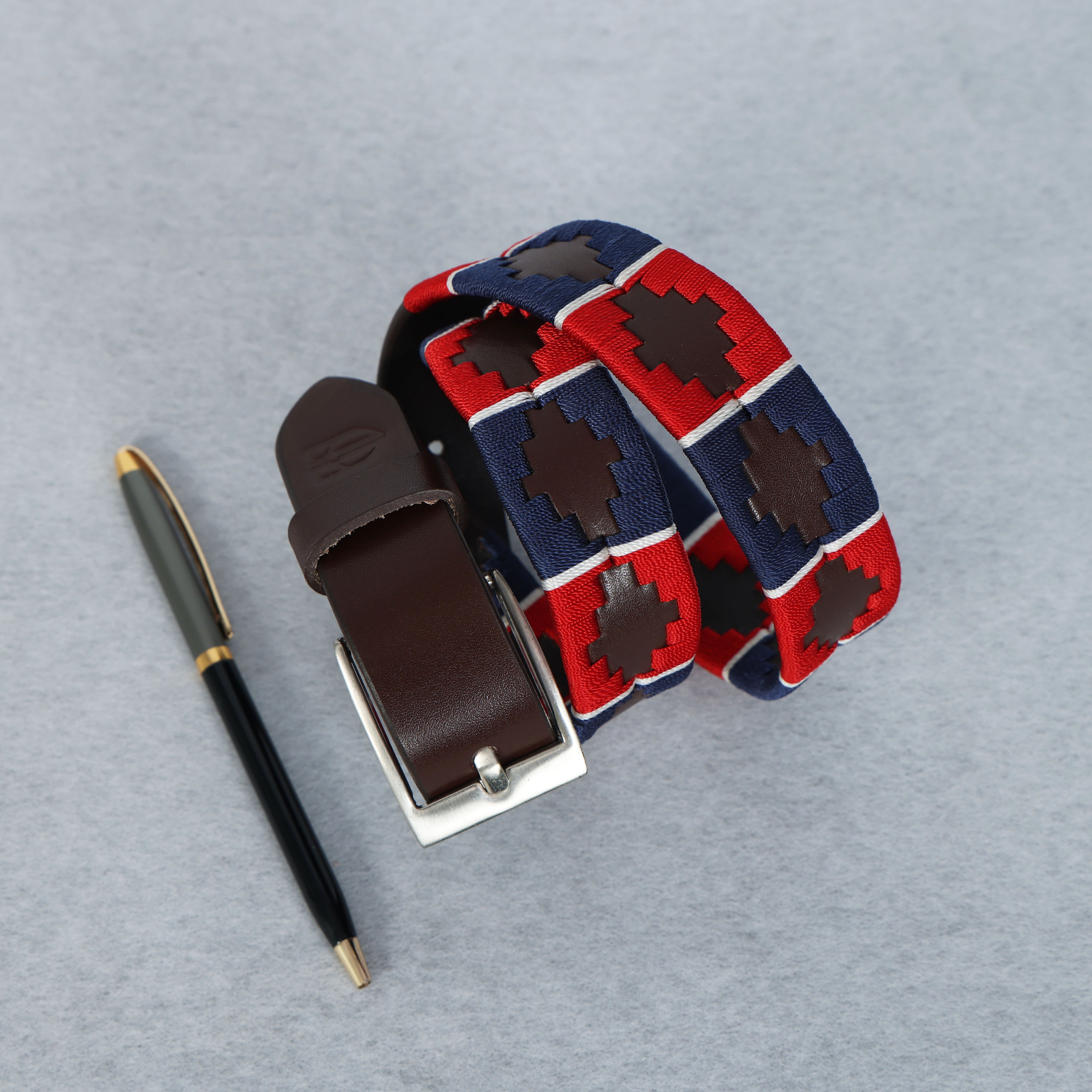 Kids Brown Leather Polo Belt – Handcrafted with Red,Navy Blue with White border Embroidery | For Boys & Girls