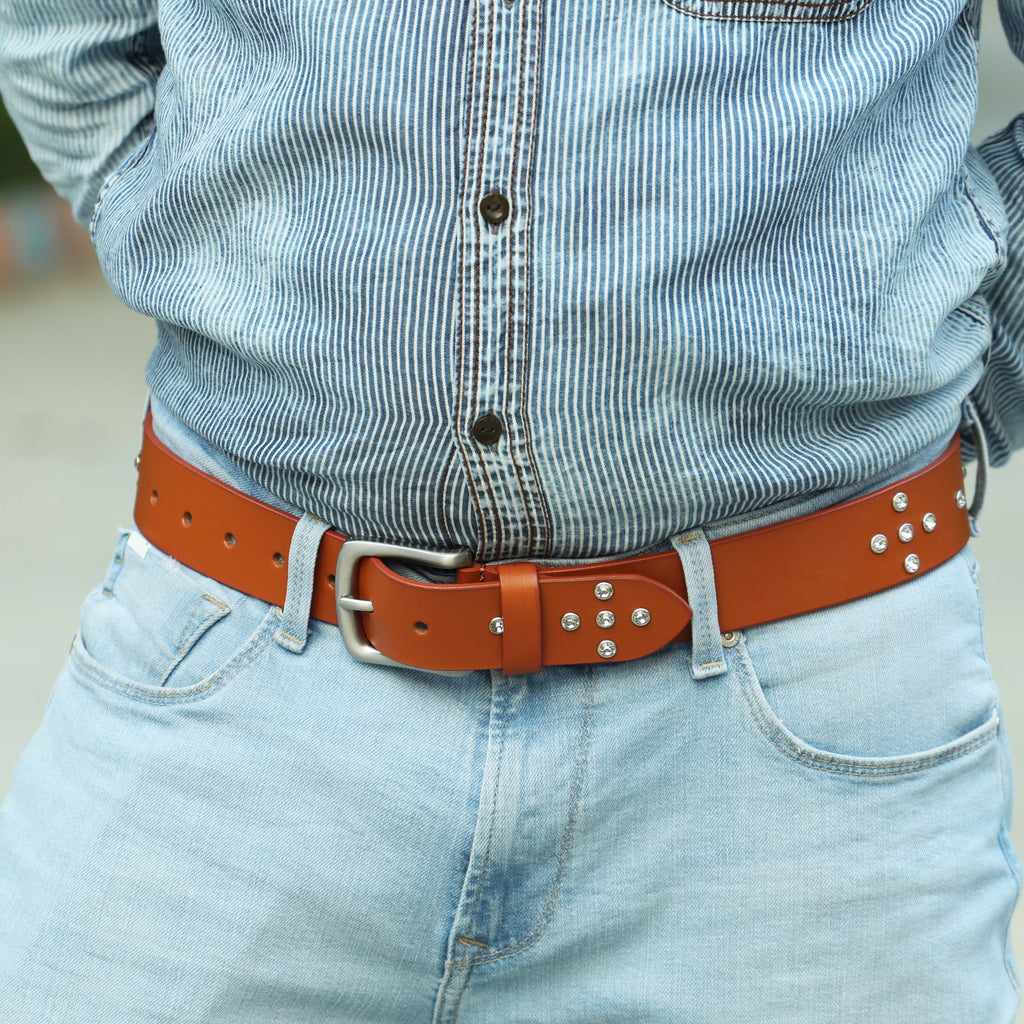 Mens’s Tan Leather Studded Belt – Crystal Rhinestones & Silver Buckle