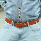 Mens’s Tan Leather Studded Belt – Crystal Rhinestones & Silver Buckle