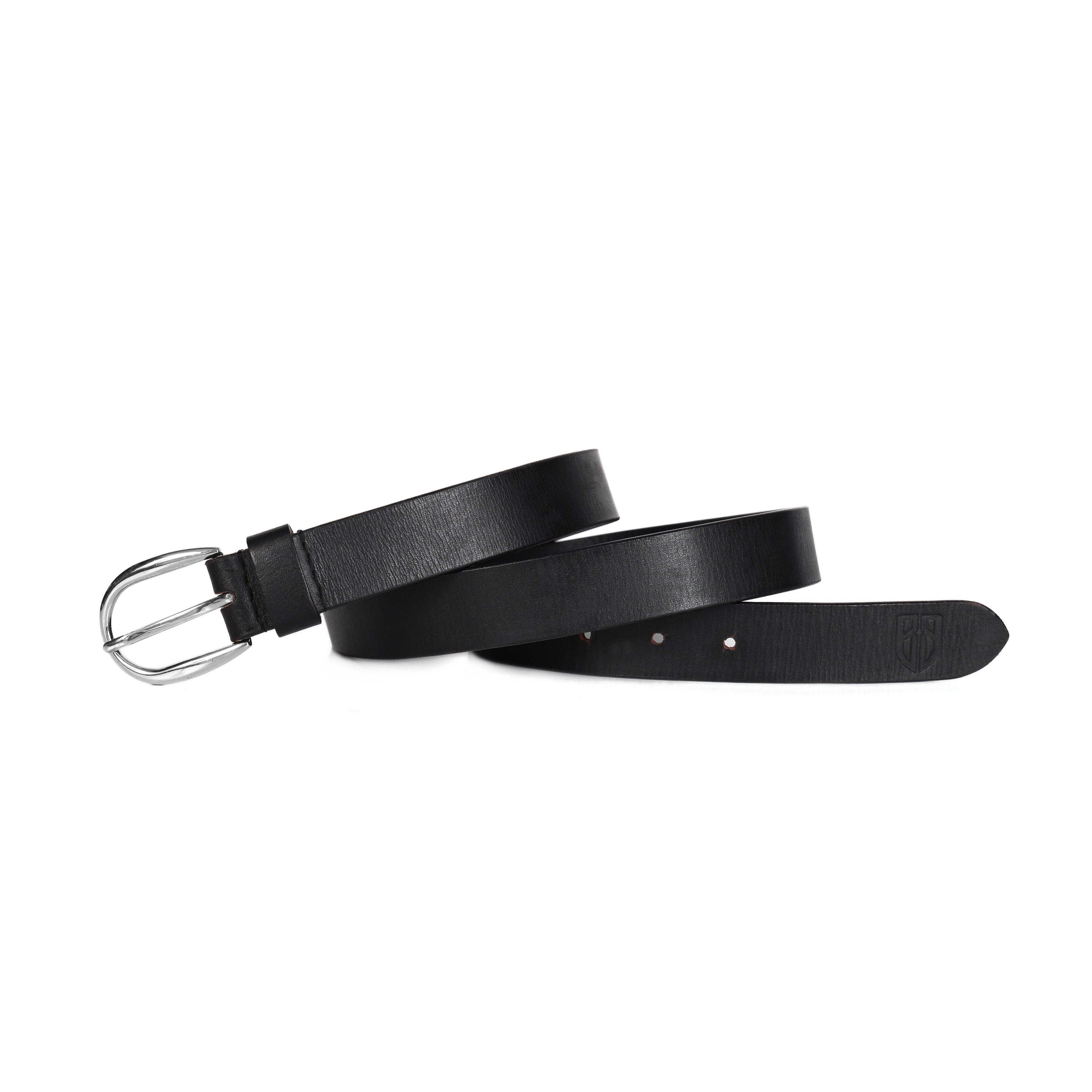 Black Leather Belt for Women with Silver Buckle