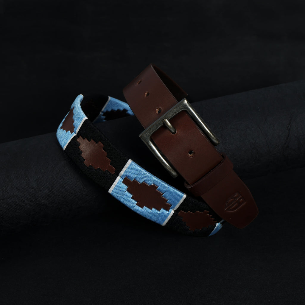 Brown Polo Leather Belt with Blue and Black Stitching & Antique Buckle