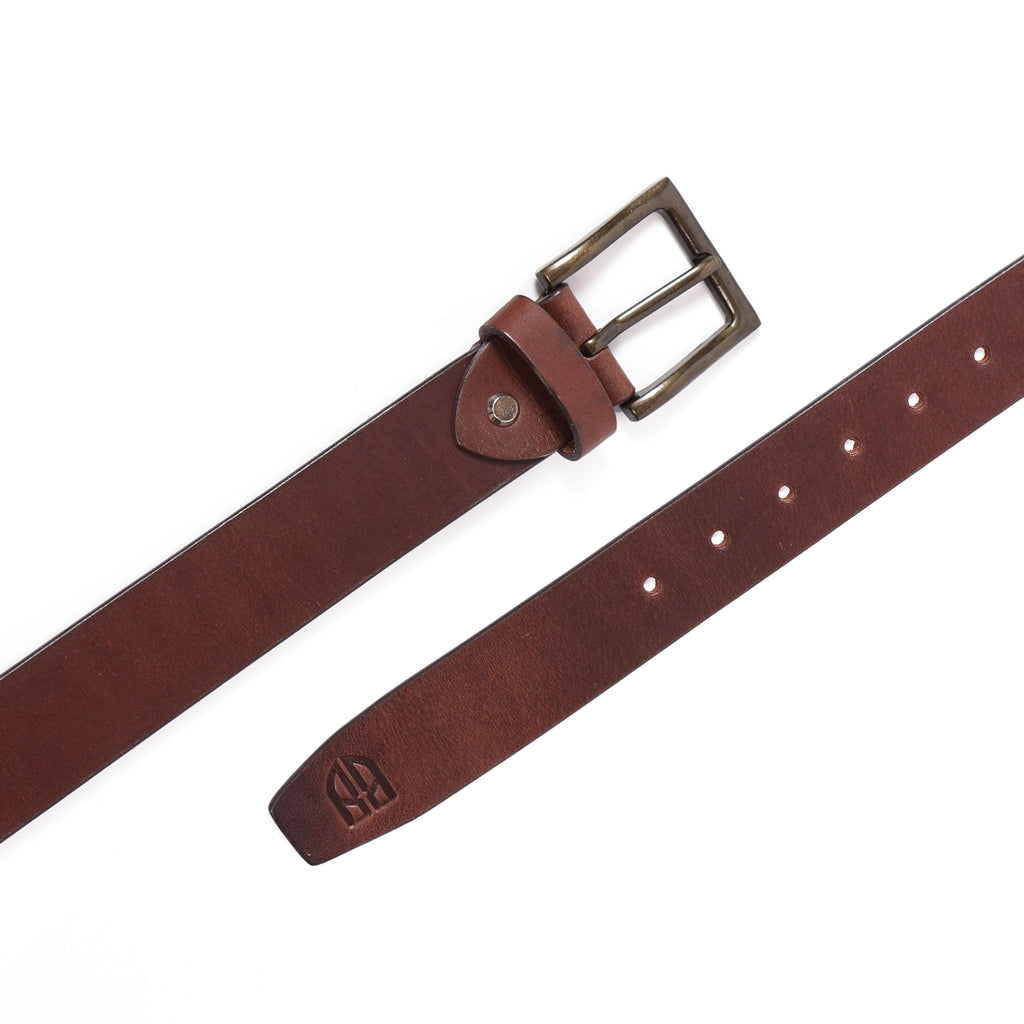 Brown Polo Leather Belt with Cream, Blue, and Red Stitching & Classic Antique Buckle