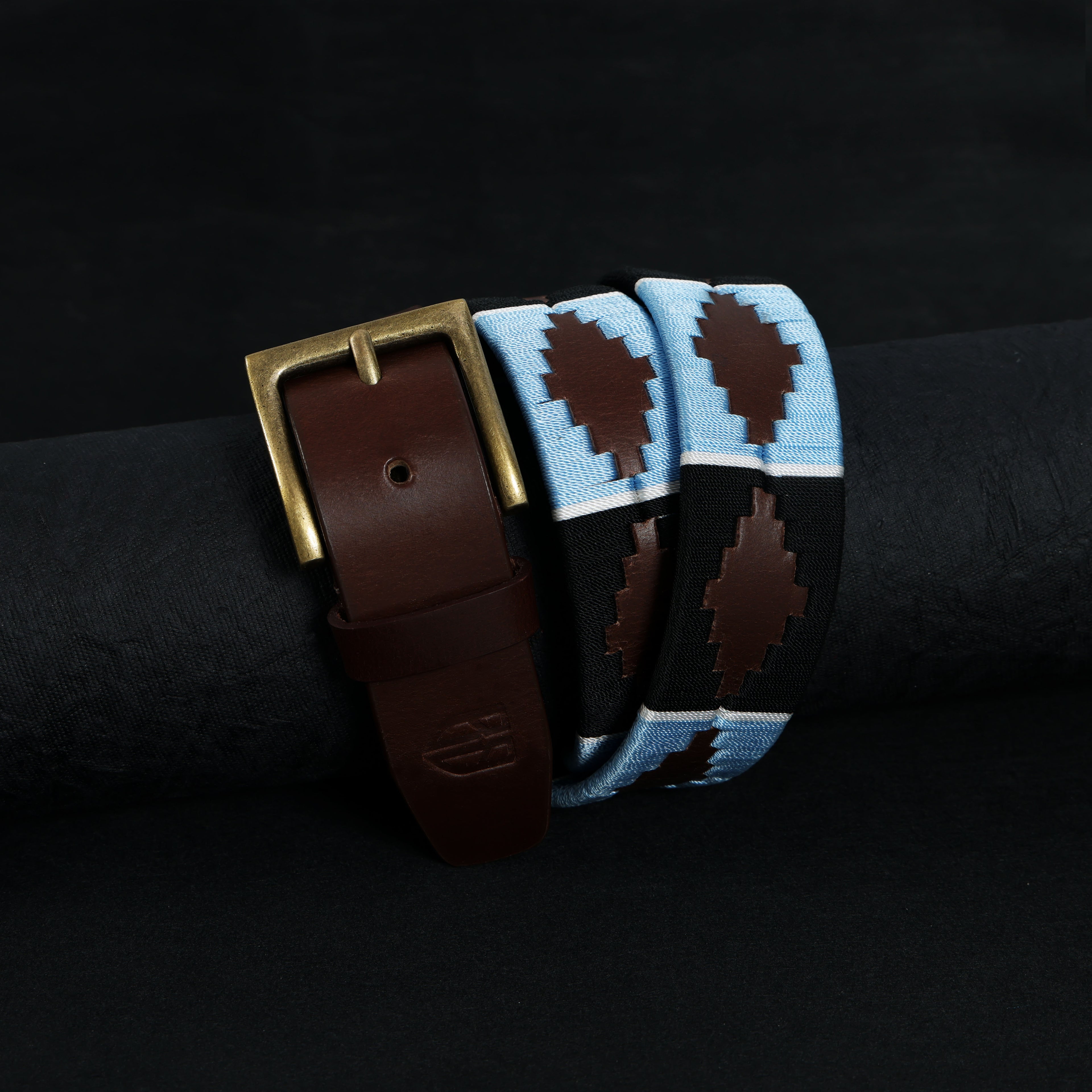 Brown Polo Leather Belt with Blue and Black Stitching & Golden Buckle