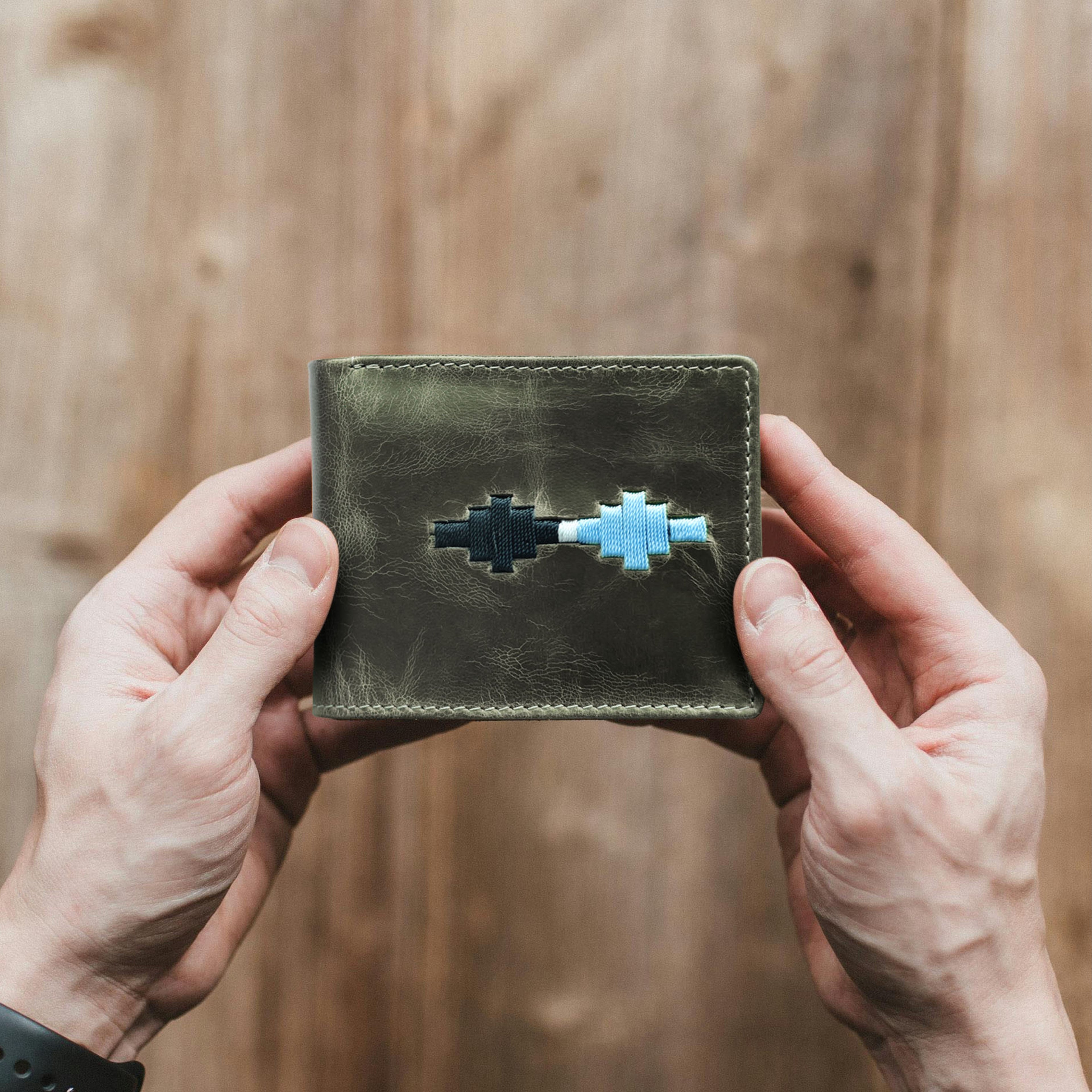 Handcrafted Gaucho Leather Wallet – Dark Olive Bifold with Blue & Black Patagonian Embroidery