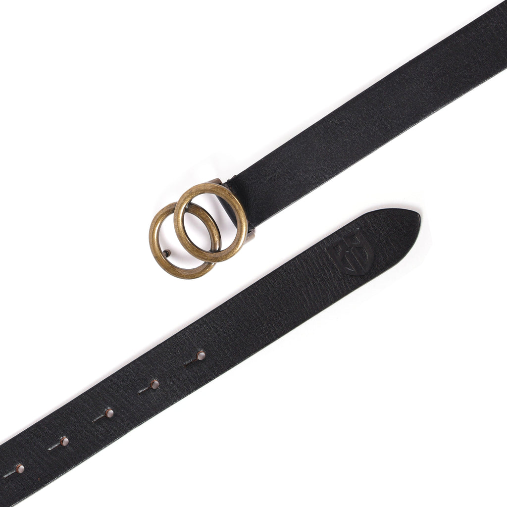 Black Leather Belt for Women with Round Antique Buckle