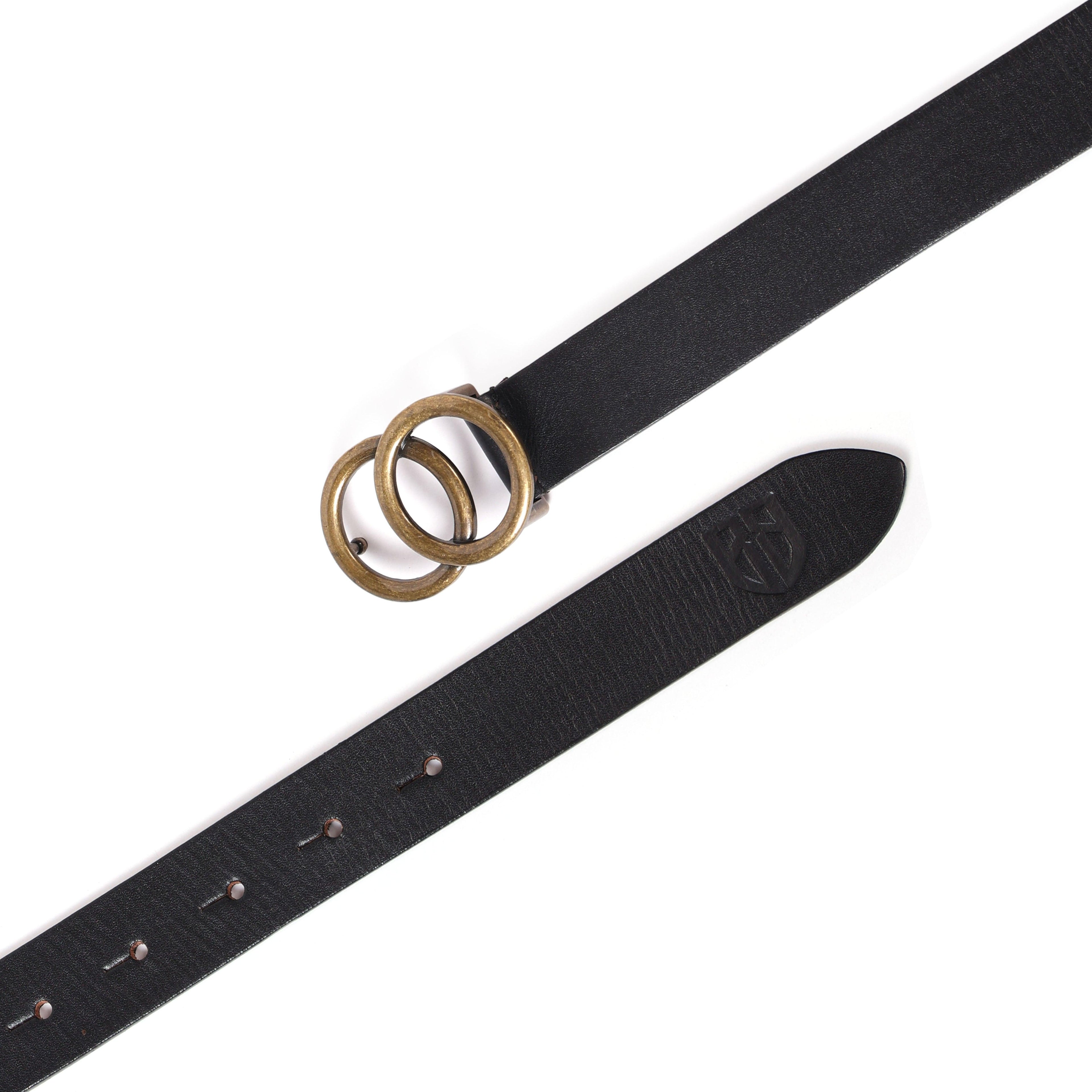Black Leather Belt for Women with Round Antique Buckle