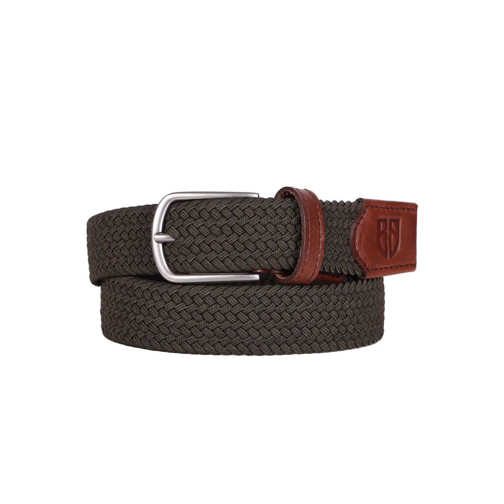 Golf Stretch Belt – Olive Green with Brown Leather Trim