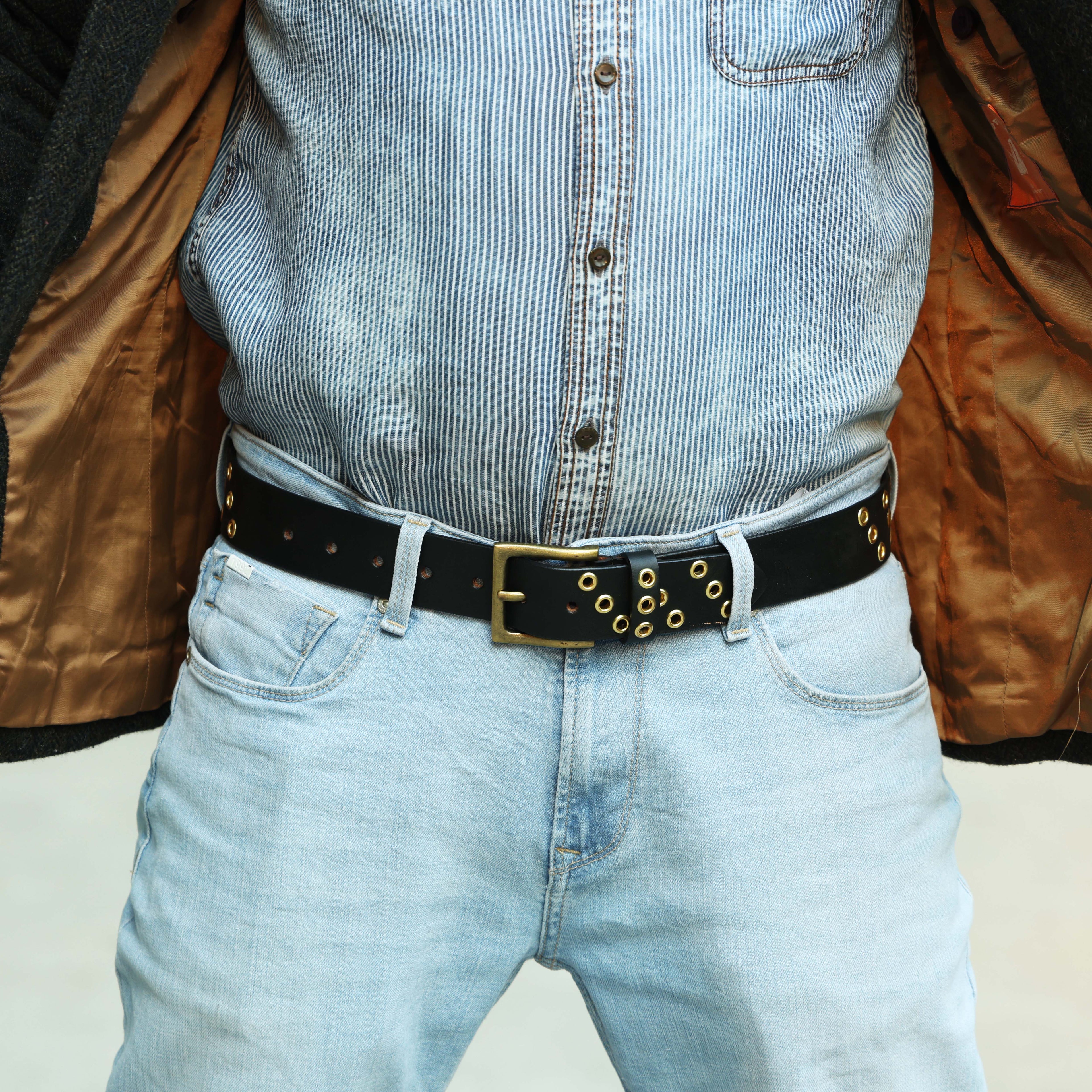 Men’s Black Leather Grommet Belt – Double Row Gold Eyelets with Vintage Brass Buckle