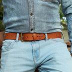 Men’s Tan Leather Studded Belt with Red Metal Rivets & Antique Brass Buckle – Vintage Rockstar Belt