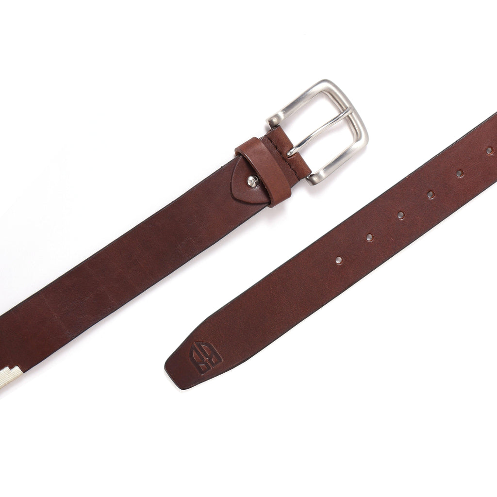 Brown Polo Leather Belt with Blue, Cream, and Brown Stitching & Silver Buckle
