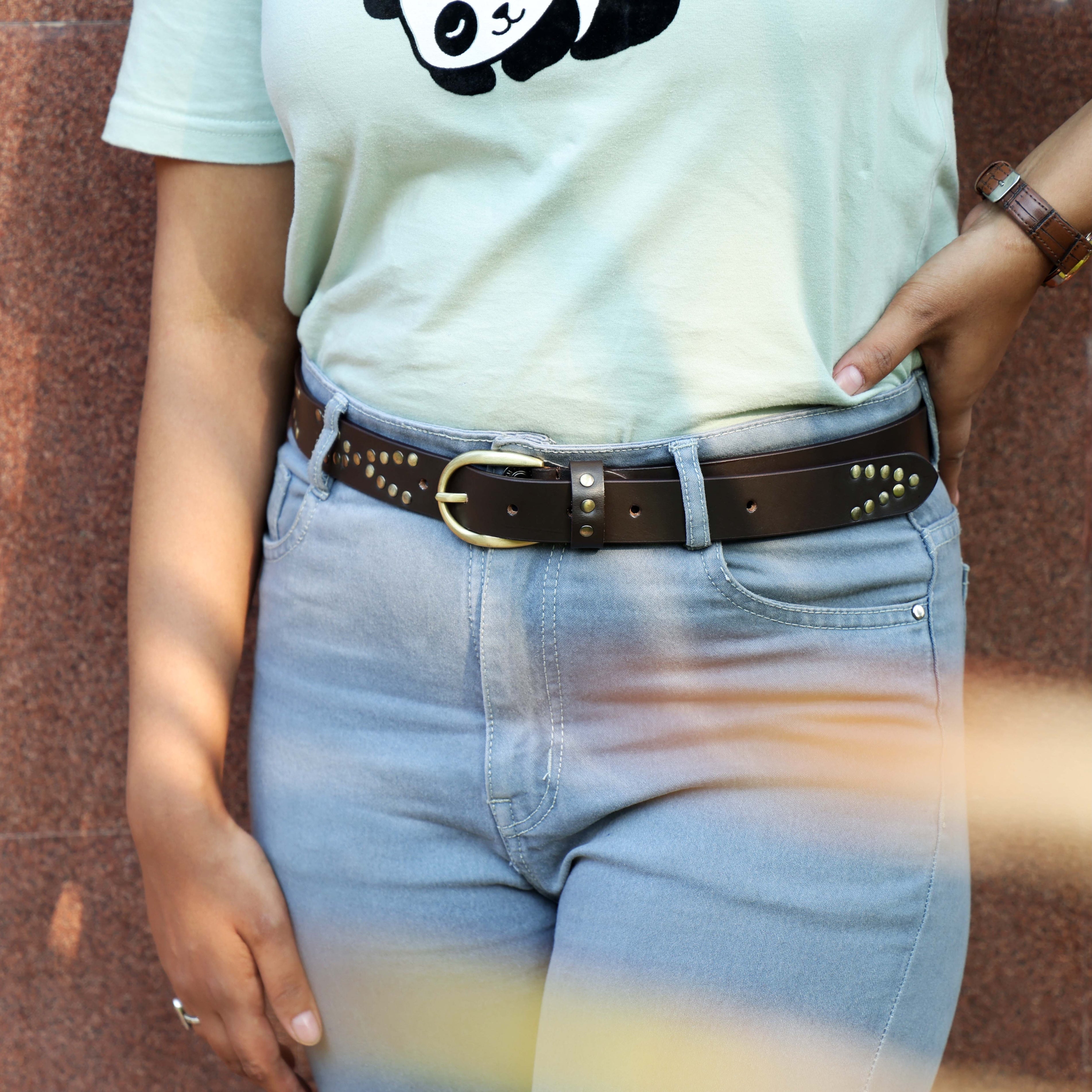 Women's Brown Studded Leather Belt – Vintage Brass Buckle, Boho Chic & Western Style