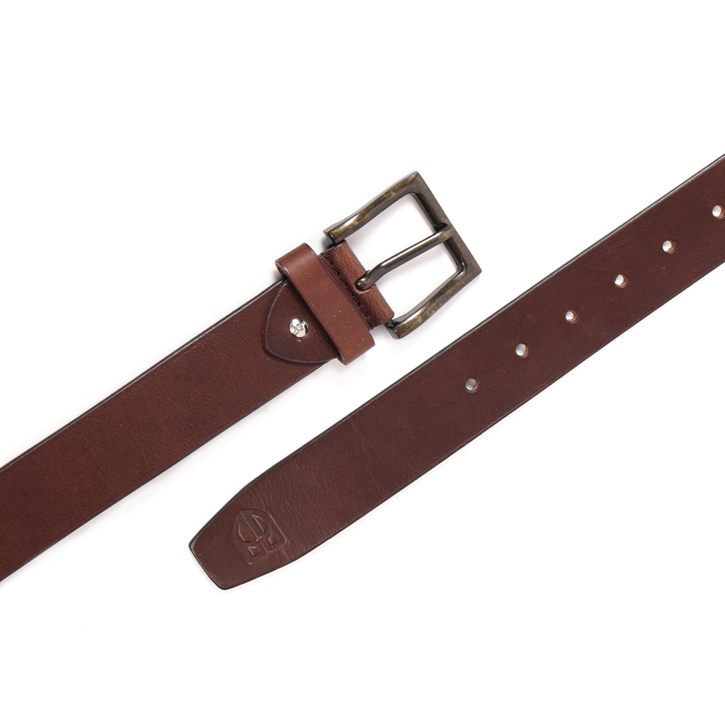 Brown Polo Leather Belt with Red and Blue Stitching and Antique Buckle