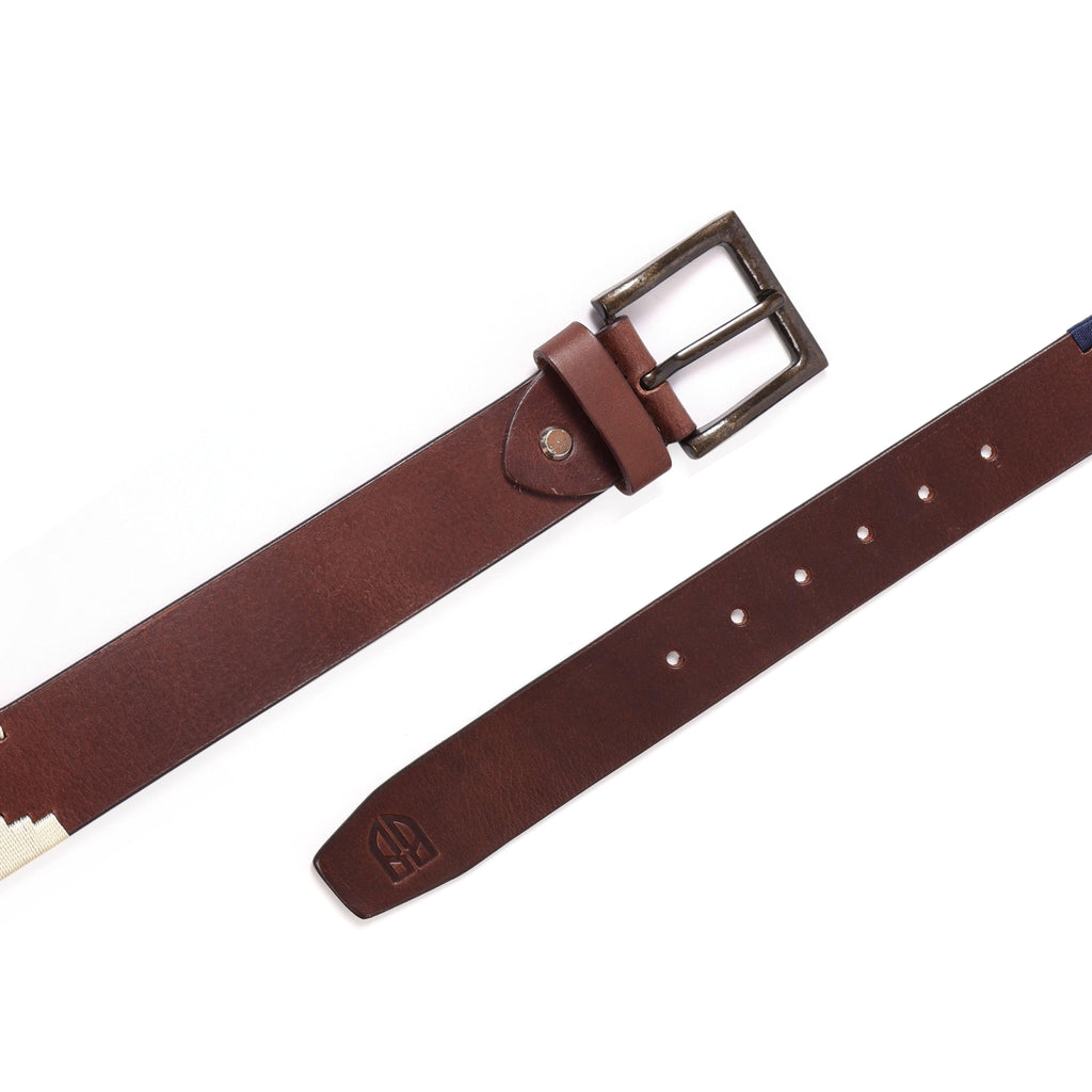 Brown Polo Leather Belt with Blue, Cream, and Brown Stitching & Antique Buckle