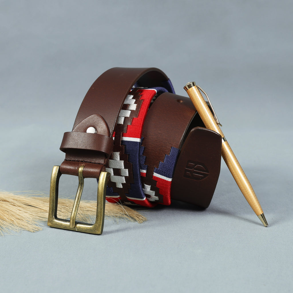Hand-Embroidered Polo Belt – Premium Full-Grain Leather with Navy, Red, and White embroidered